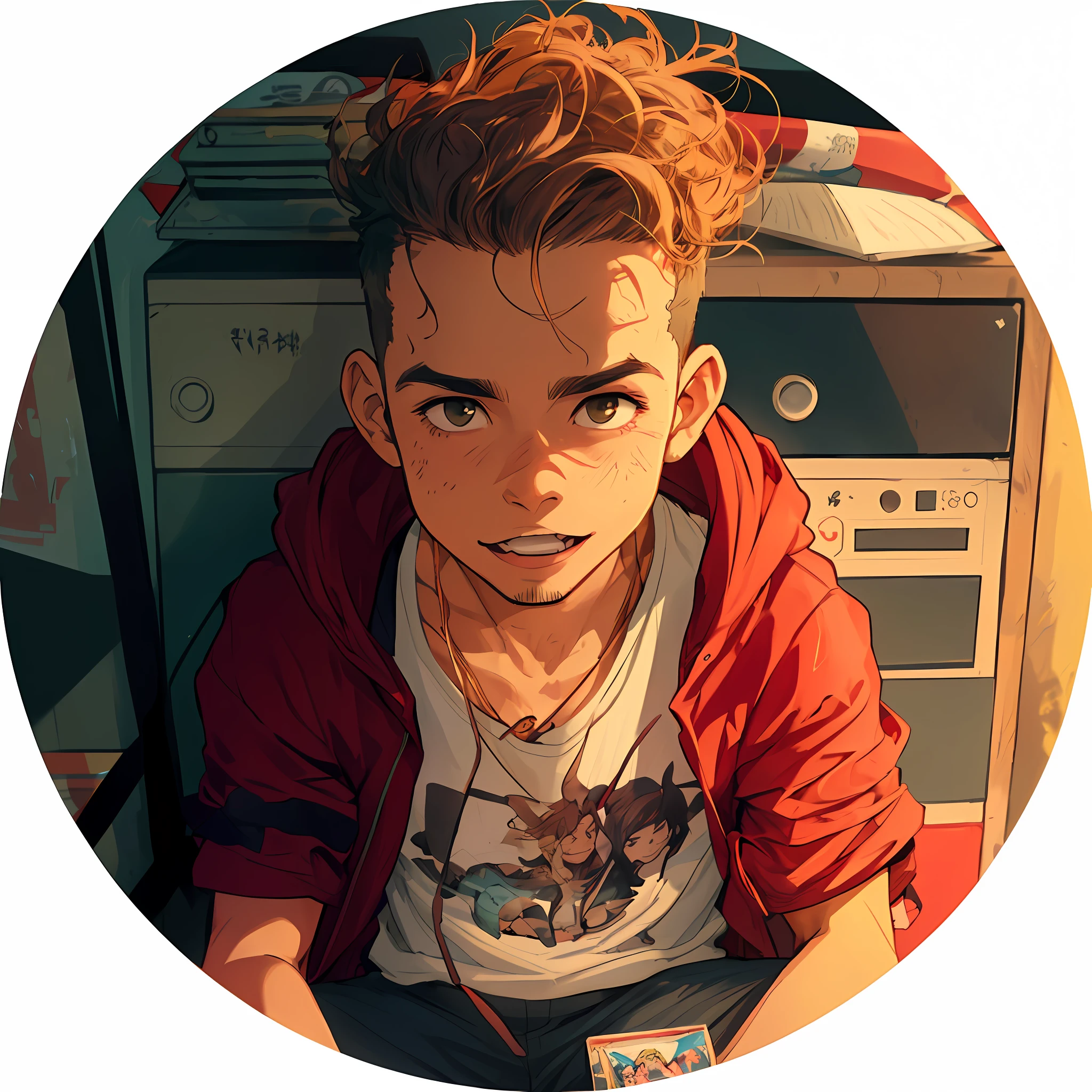 (melhor qualidade, obra-prima), 1boy, sorriso, rindo, oceano, Red jacket, brown messy hair, olhando para o espectador, cabelo ondulado, nuvem, salpicando, ondas, sol, montanha, molhado