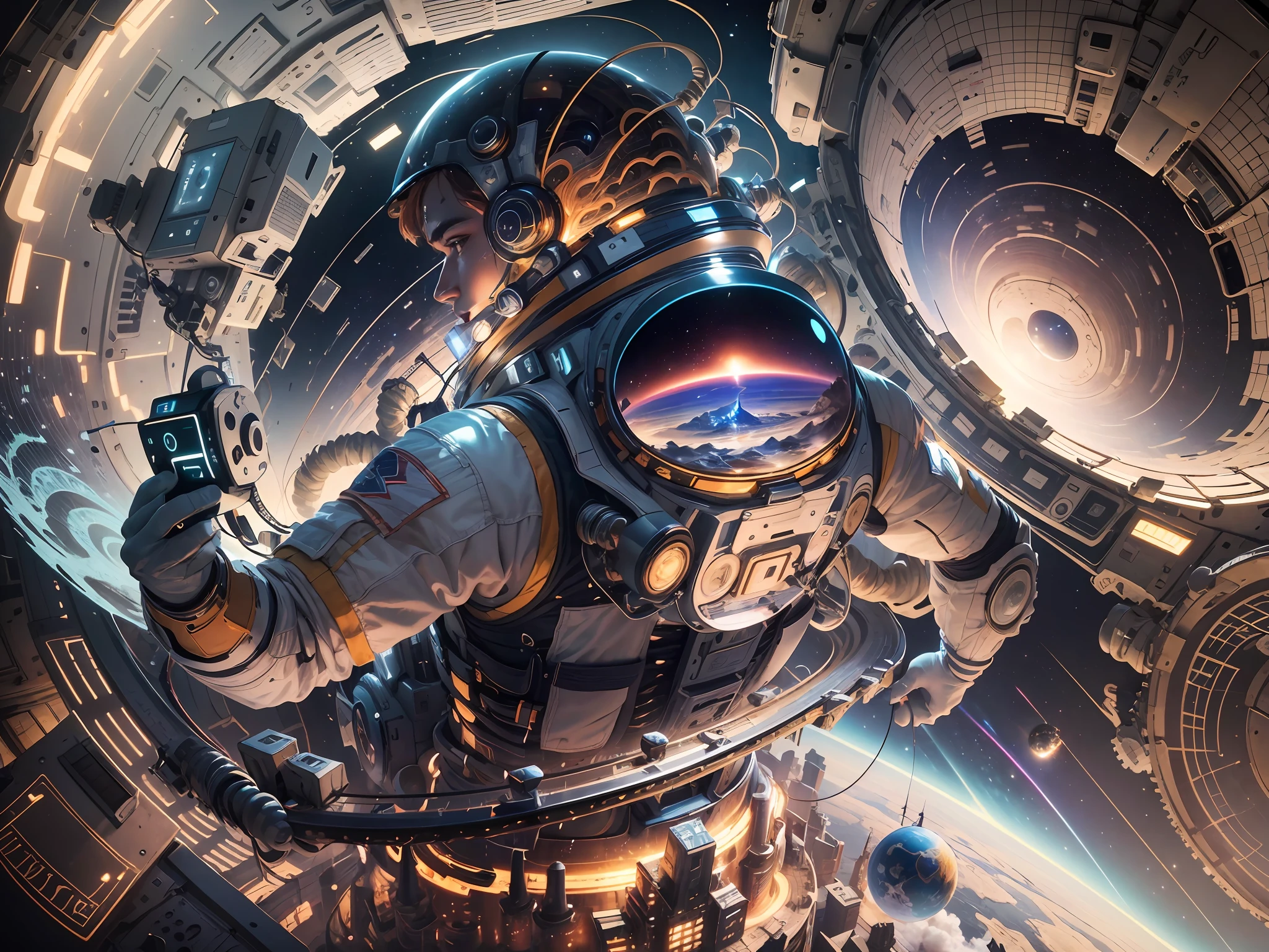 ((Masterpiece)), (Best Quality)), 8K, high detail, hyper-detail, the painting depicts a scene of breathtaking magnificent spatial images. The picture shows a man wearing a spacesuit, facing back, looking at another glowing planet in space. The scenes are extremely detailed and the clarity is extraordinary, capturing every intricate detail of the panorama.
