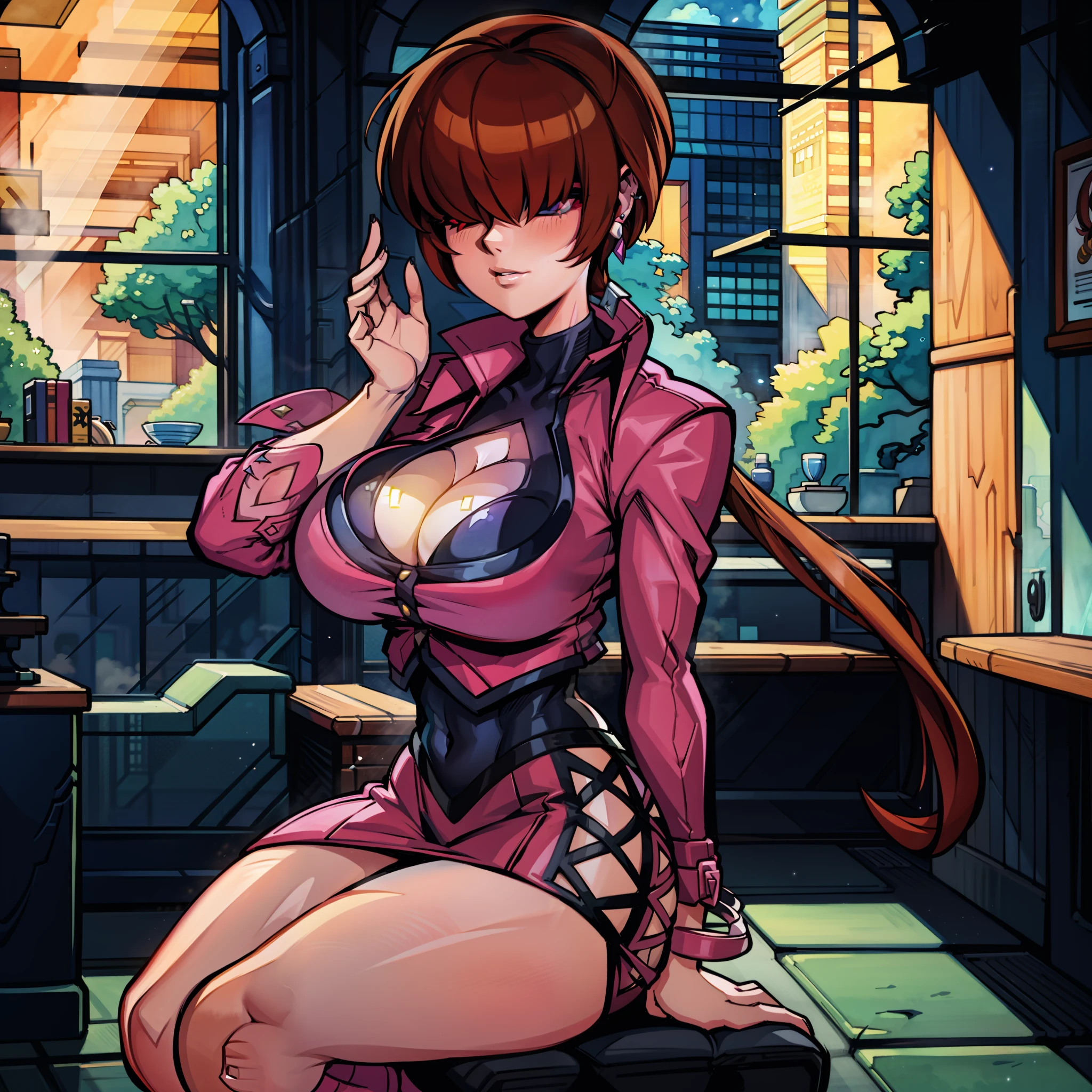 90s, 80s, retro art style, retro anime style, 1girl, shermie (kof),shermie \(the king of fighters\),shermie \(kof\), shermie, shermie_(kof)_(cosplay), earrings, brown hair,hair over eyes, long hair, long sleeves, thighs, knee boots, cleavage, cleavage cutout, clothing cutout, large breasts, solo, very long hair bangs, bangs over eyes, anime, retro anime, old anime style, [retro anime], old anime, 1980s \(style\), 1990s \(style\), watercolor \(medium\), ((best quality)), ((masterpiece)), [detailed], [anime and manga image], [captivating], [enchanting], oldschool, solo, (hyperdetailed:1.15), [detailed], ((best quality)), ((masterpiece)), (soft light, sharp:1.2), (illustration, uhd, unreal engine, sharp focus,), op quality, best quality, official art, ultra detailed texture,