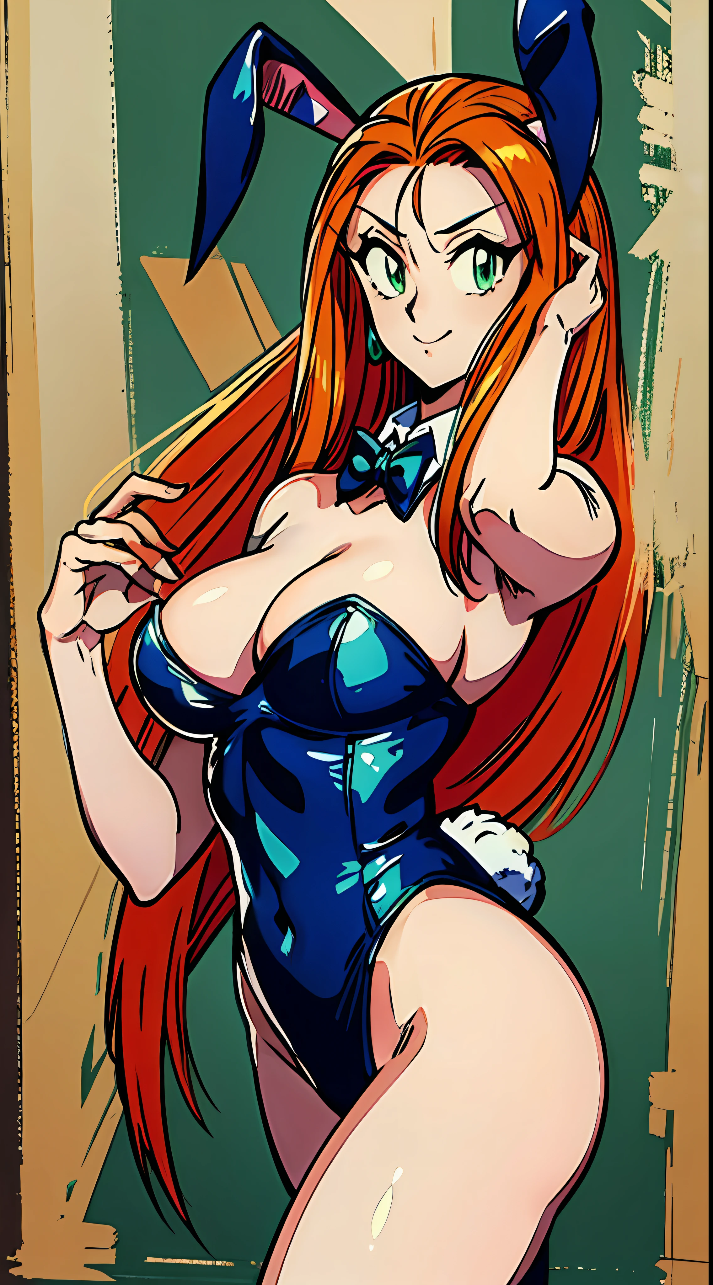 ((masterpiece)), ((best quality)), ultra detailed, detailed background, orange hair, Long Hair , green eyes, thin eyes, extreme large breast, long hair,, highest details, sexy, focus, Alluring, long legs, ((breasts shot)), (((wearing a bunnygirl cosplay ))), hentai style, sensual smile, erotic, erotic body, sexually suggestive, hentai body, sensual pose, naughty face, aroused body, , (tits focus)),