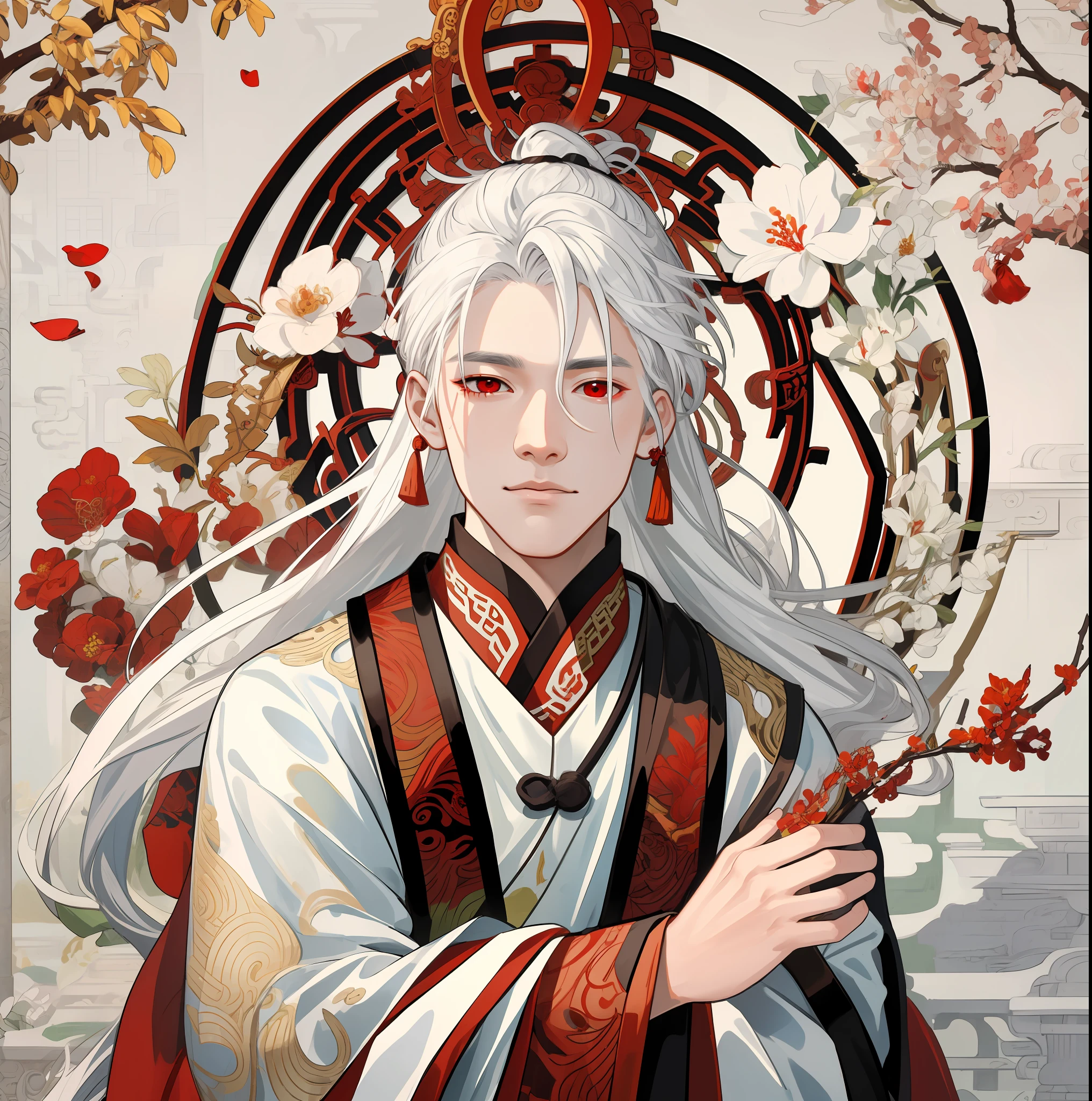 nsfw, masterpiece, best quality, ultra-detailed, semi-realistic, detailed facial features, 1boy, white hair, long hair, red eyes, wearing a detailed and intricate xianxia ancient clothes