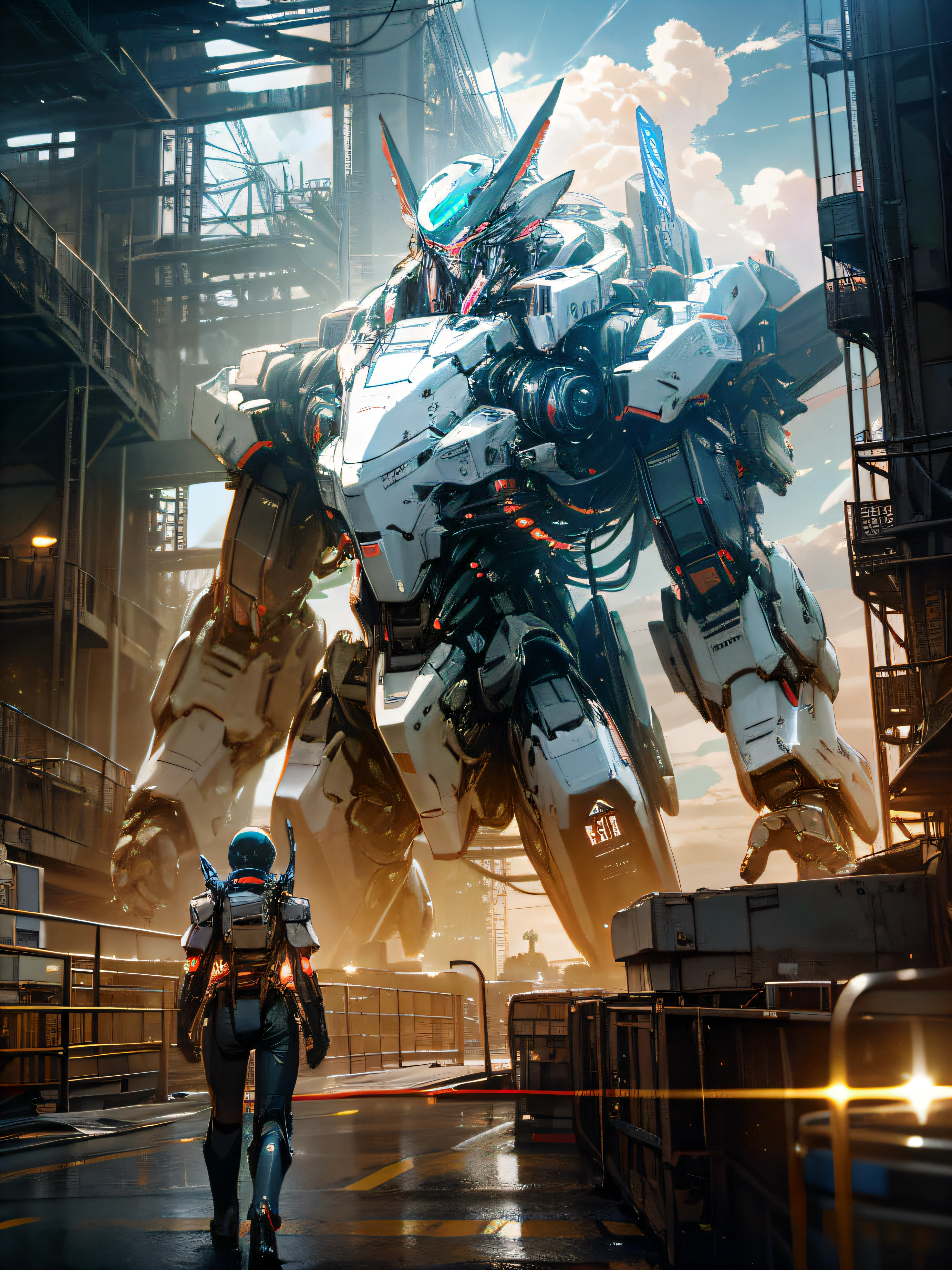 Skysky,clouds,holding_weapon,no_humans,with light glowing,,droid,buliding,glowing_eyes,mecha,scientific fiction,城市,Realistis,neonlight,Size A4 --auto