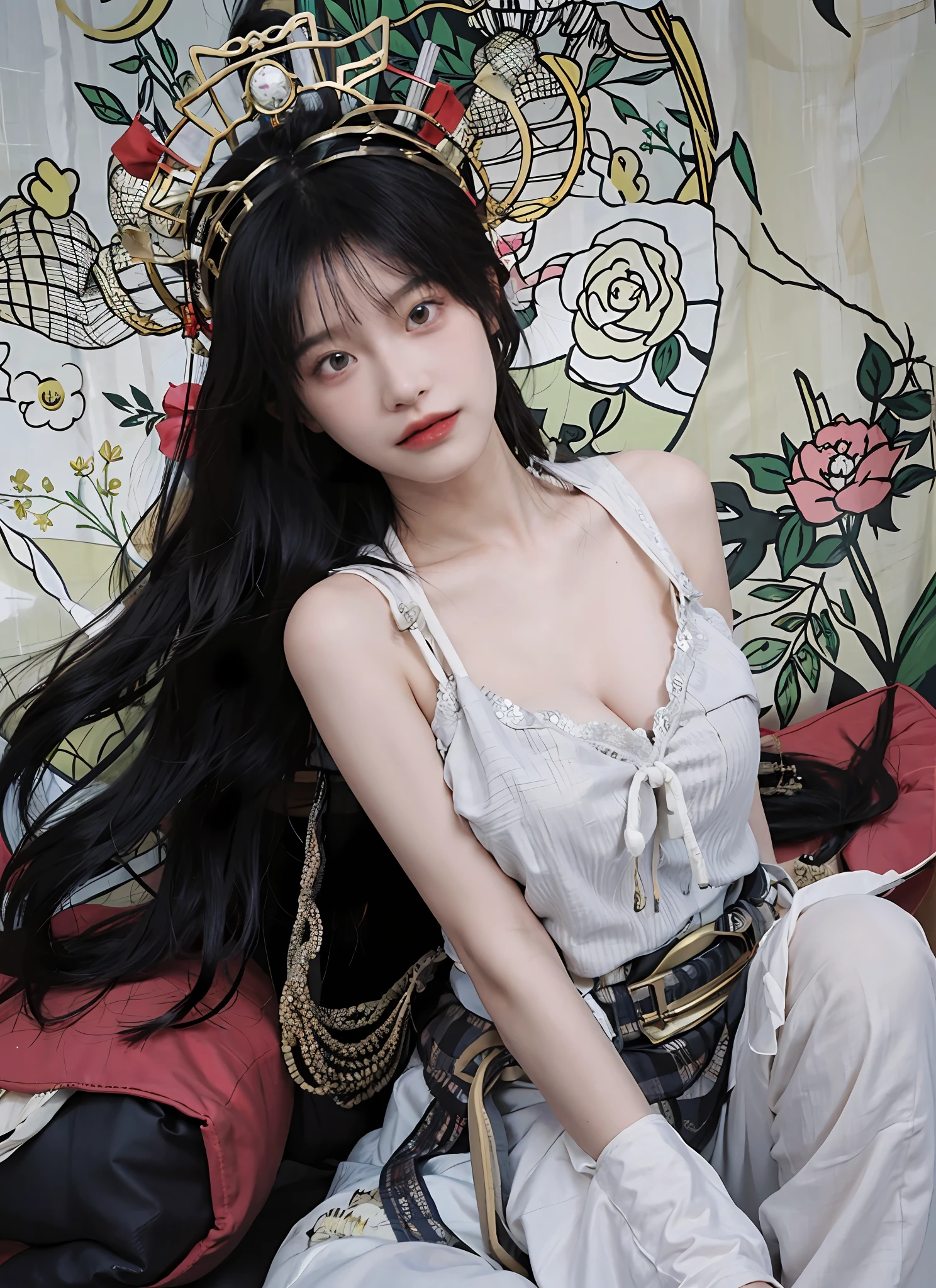 Best Quority,a masterpiece of,Super-High Resolution,(true to life:1.4),1girl huge large breasts,oral sexy,(Black Hmong costume:1.5),Black Hmong costume,In the daytime, Glowing skin,detailed eye, 二重まぶた,trinkets,head gear,耳Nipple Ring,length hair,fair white skin, Long thin legs