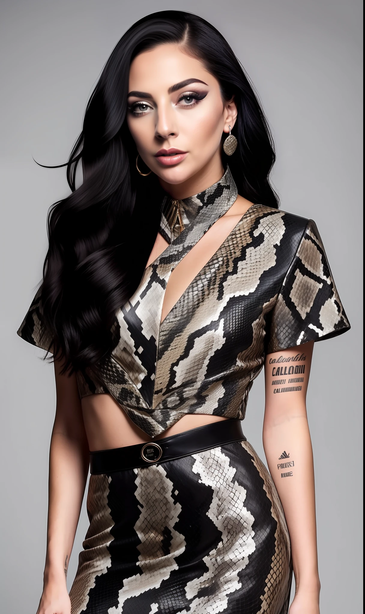 Lady GaGa snake dress,with snakes,traje futurista,textura 4K, cabello largo y de colores, calidad alta, cuerpo completo,varias poses corporales,peinado extravagante, Original album cover, imagen 8k, futurista, alta calidad de imagen, en la noche, accesorios en el cabello, imagen 8k, rostro realista en alta calidad, cuerpo completo, diferentes poses corporales, alta calidad en el rostro, rasgos definidos,HD, rostro realista y definido 4k