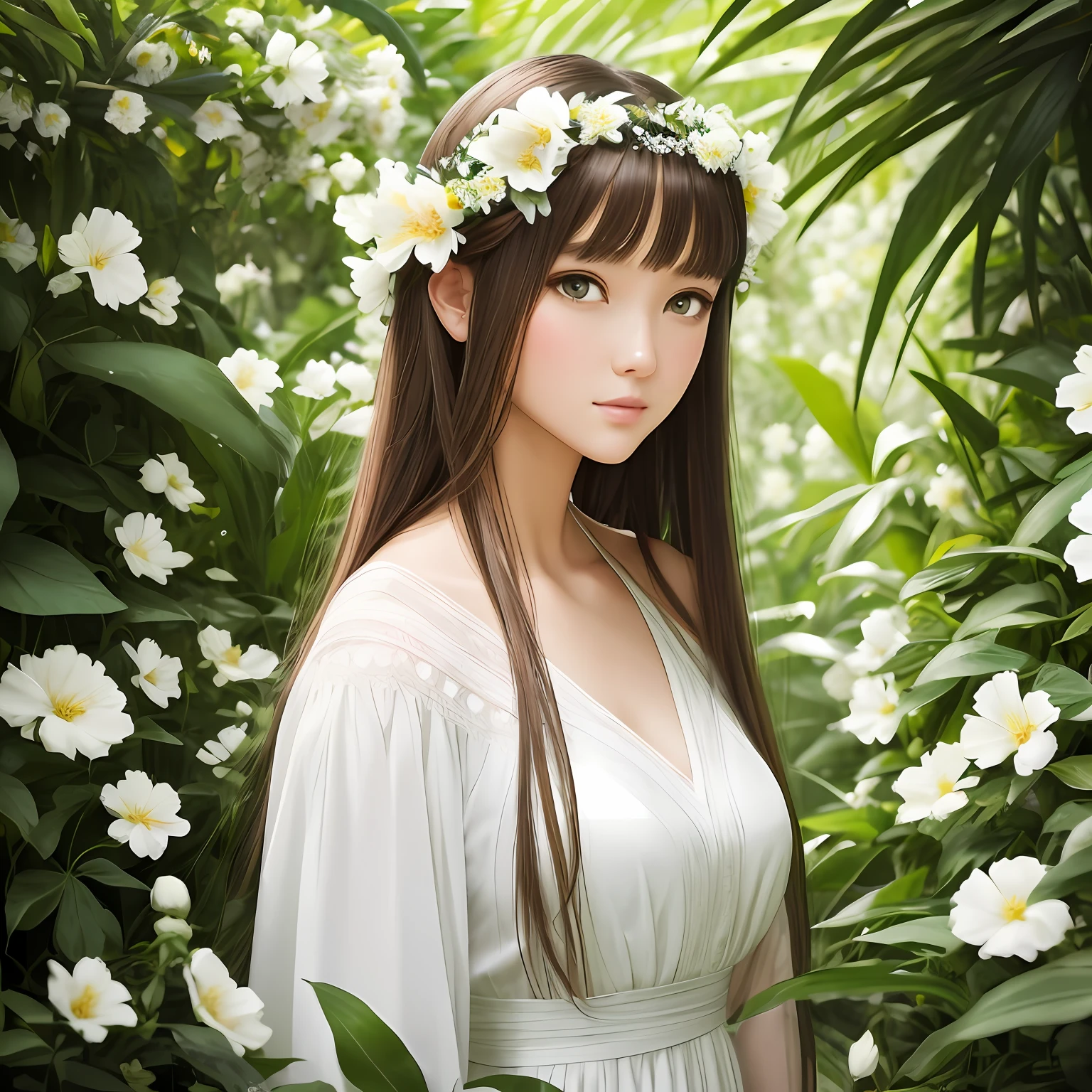 Classical beauty,No bangs,looking to the camera,largeeyes,mid - length hair,Wear a flower hair ornament,White clothes,Jungle background,A trail in a sea of flowers,Real Human,hyper realisitc,Carefully portray the face --auto
