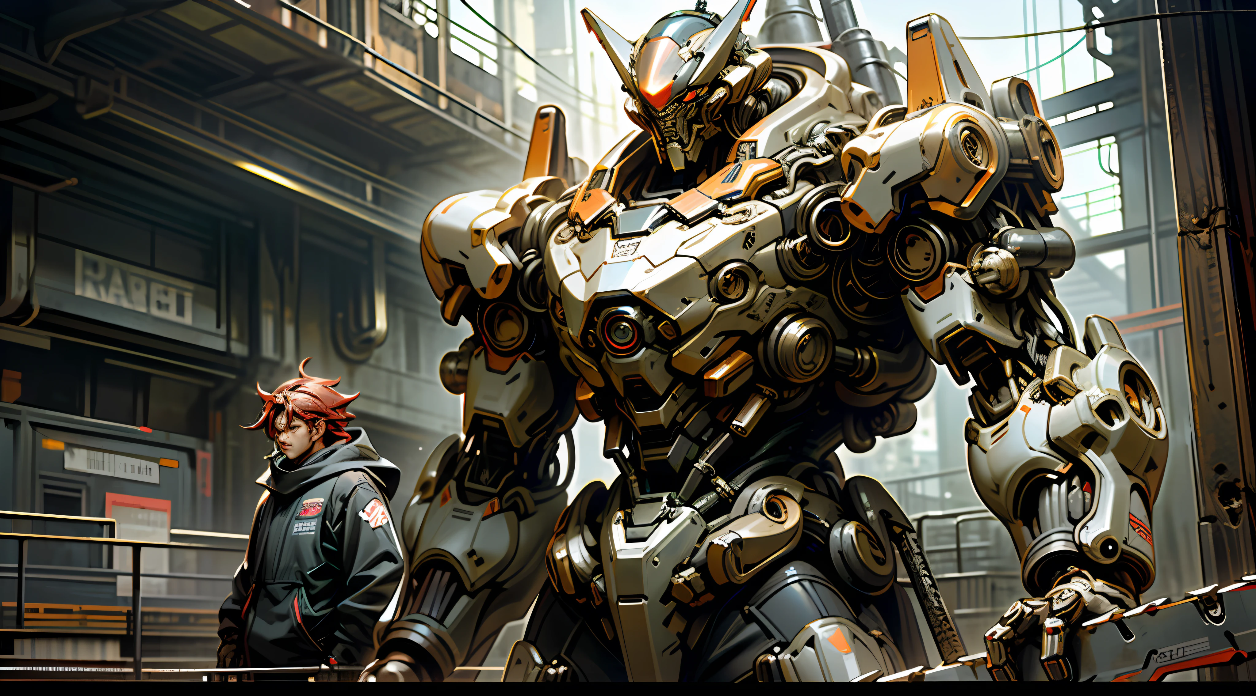 Dark_Fantasy,Cyberpunk,(chain saw,chain saw man,Red:1.1),1man,Mechanical marvel,Robotic presence,Cybernetic guardian, wearing a worn-out mech suit, intricate, (steel metal [rusty]), elegant, clear focus, shot by greg rutkowski, soft lighting, vibrant colors, masterpiece, ((street)), cowboy shot, dynamic pose,