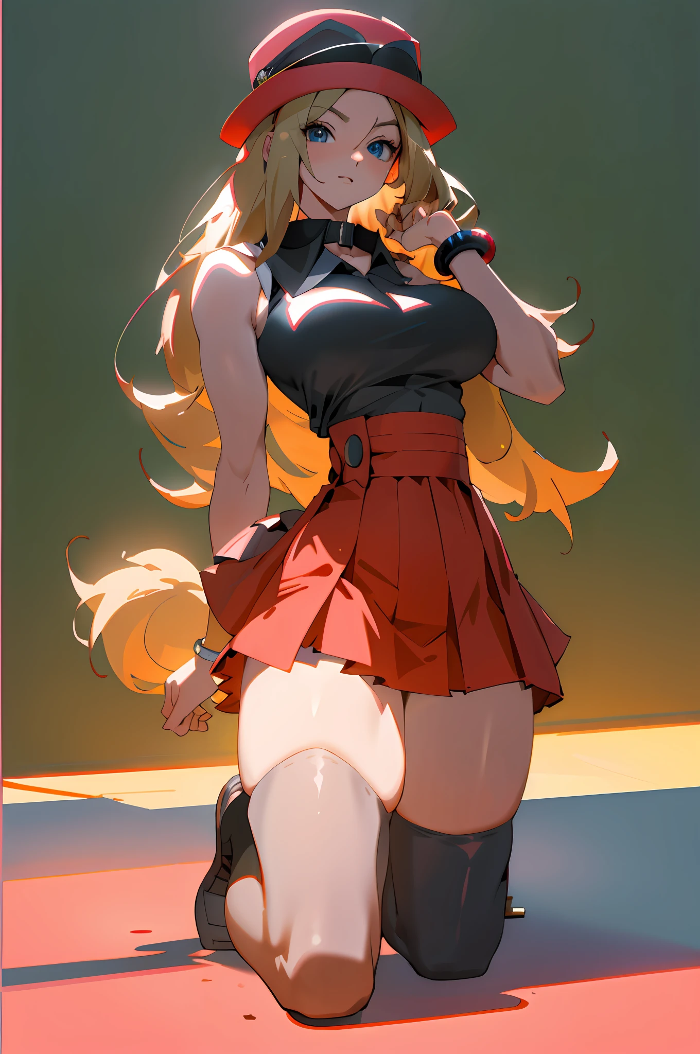 Realistic fantasy rendering, Realistic anime girl rendering, Full body portrait, (Big Breast: 1.4) popular in CGSTATION, 4K,highlight in eyes, blue eyess, Serena\(A pokémon\), 1girl in, 独奏, thighs thighs thighs thighs, length hair, Hats, jewely, A bracelet, black thighhighs, shirt with collar, pleatedskirt, a red skirt, Sleeveless, high waist skirt, sleeveless shirts, Eye lashes, pink headwear, Black shirt, Hat Eyewear, The upper part of the body, deph of field, A sexy,Realistic fantasy rendering, Realistic anime girl rendering, Full body portrait, (Big Breast: 1.4) popular in CGSTATION, 4K,highlight in eyes、Squint