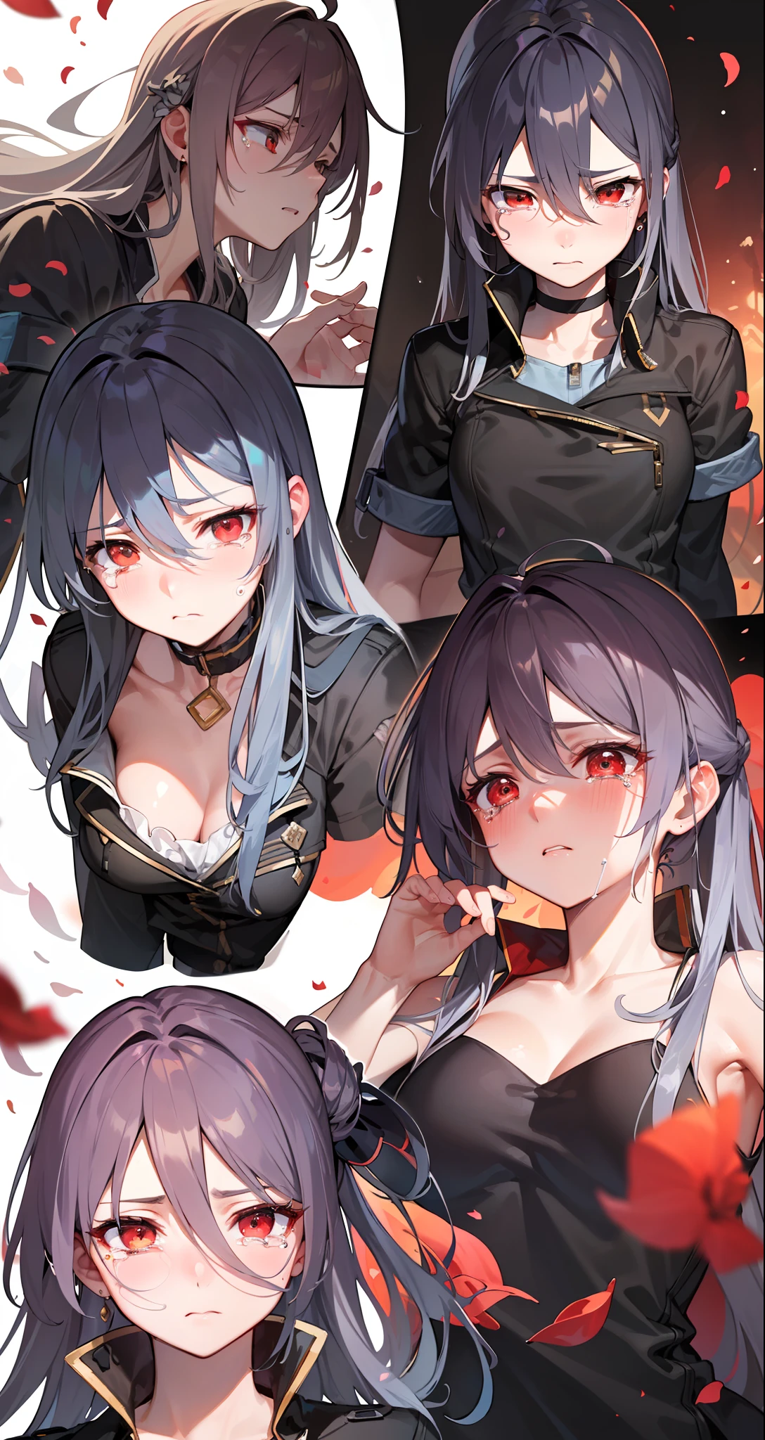 (masterpiece), (best quality),highres, ultra detailed, professional lighting, esdeath, esdeath outfit, front view, tearful eyes, sad, tilted head, looking away, crying, falling petals, whole body, cheeks turning red, depressed look