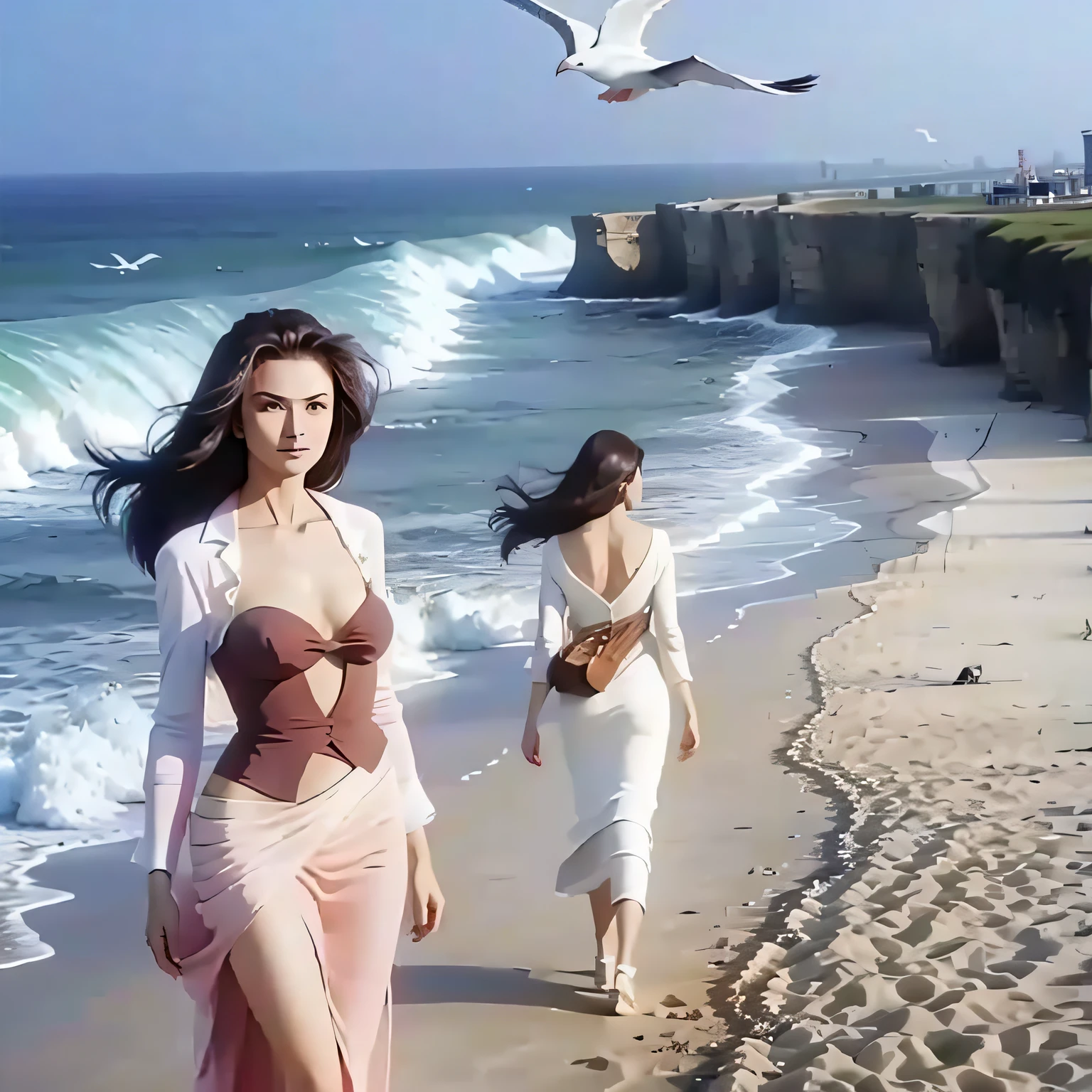 Beautuful Women，sandbeach，seagulls --auto