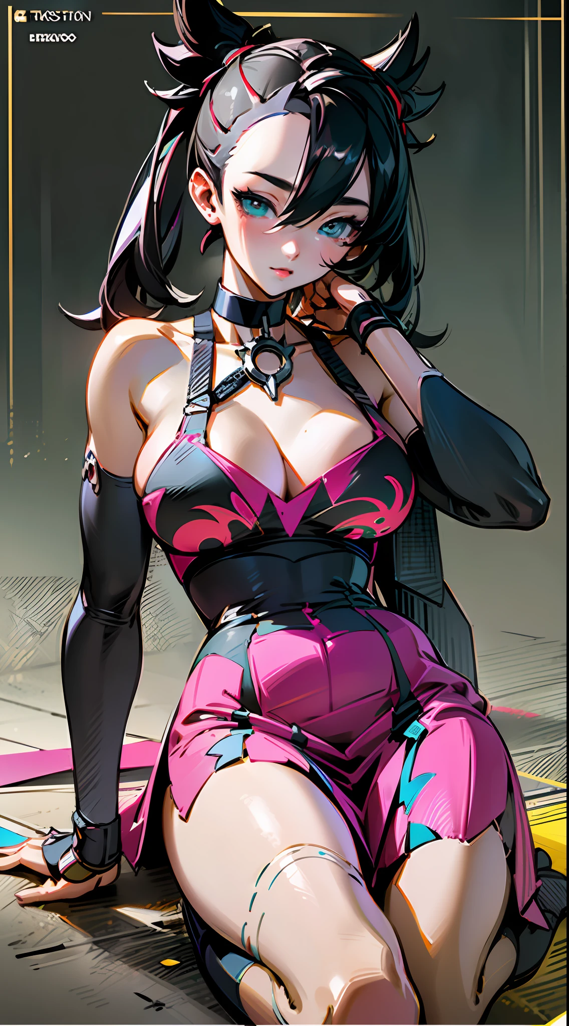 (Surreal), (Illustration), (High resolution), (in 8K), (Extreme Detail), (Best Illustration), (beautiful detail), (Best Quality), (masuter piece), (Wallpaper), ( Detailed face), full body Esbian、 hmmarnie, aqua eyes, Black Choker, Red Ribbon, Pink dress, Jewelry Bullish Appearance、 Realistic fantasy rendering, Realistic anime girl rendering, Full body portrait, (Big Breast: 1.4) popular in CGSTATION, wlop. 4K、highlight in eyes