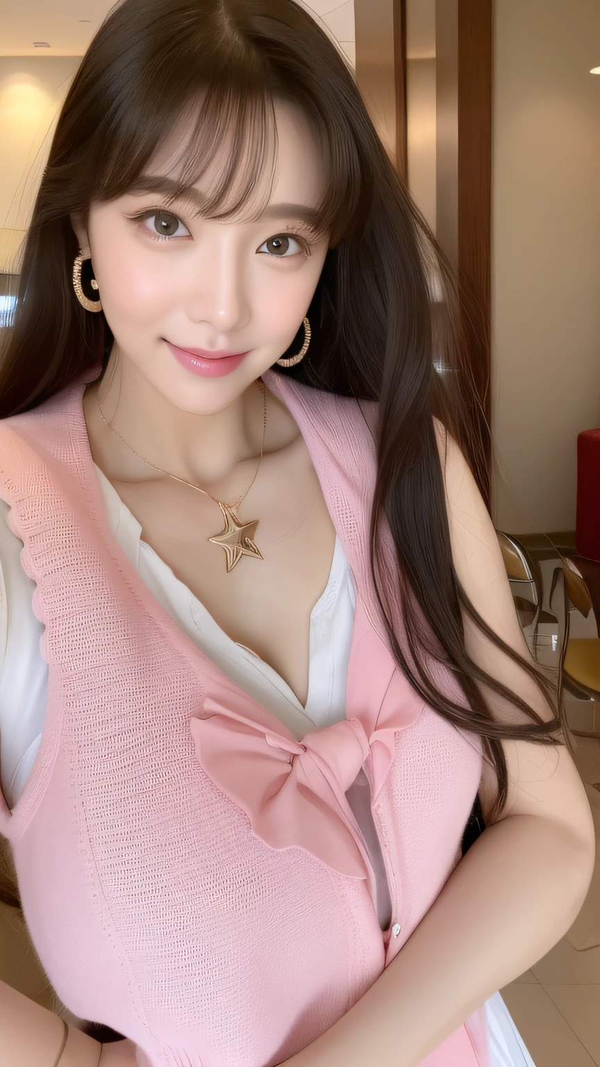 photograph of-realistic (1 cute Korean star) Straight hair, thin makeup, medium breasts size, A slight smil, Wear a pink vest, And pants, Crystal earrings, In the hotel lobby, self-shot, Wide shot, Eye level shots, god light, back lit lighting, hyper HD, High quality, 16k