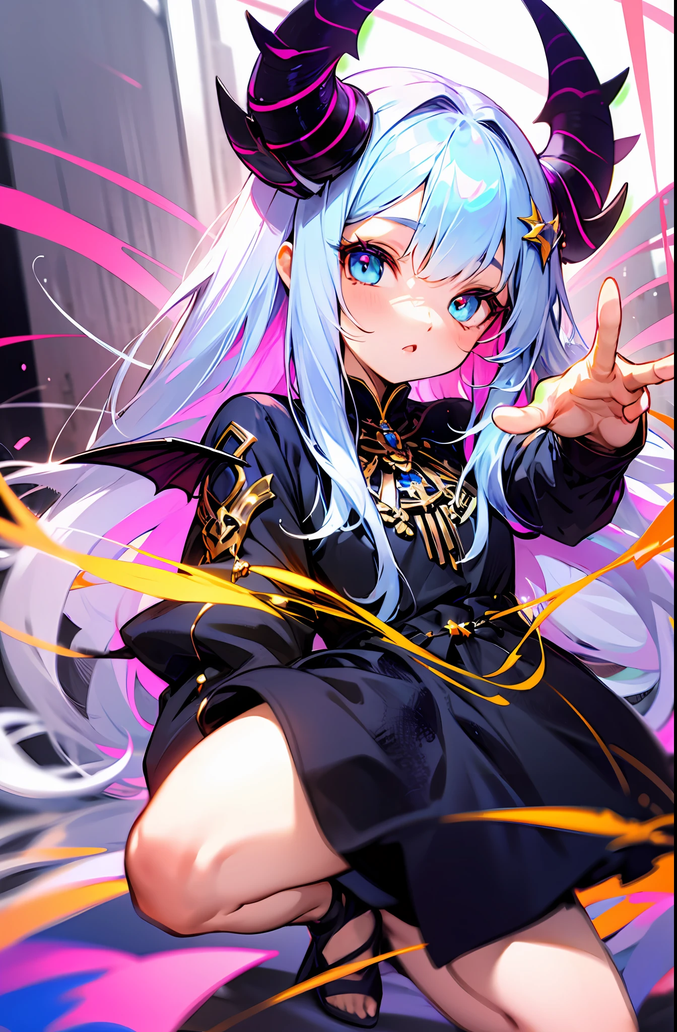 early summer（Chibi:1.3）（​masterpiece:1.4）、（top-quality：1.4)、（Very cute demon girl、hyperdetailed face、Eyes Like Gems、white very long hair、Colorful gradient hair:1.4）、（Demon Horns：
1.4）、（full body Esbian、Perfect two arms、Perfect two legs:1.4）、Perfect four fingers:1 thumb、optic、brilliance、Bokeh、Ultra-fine
