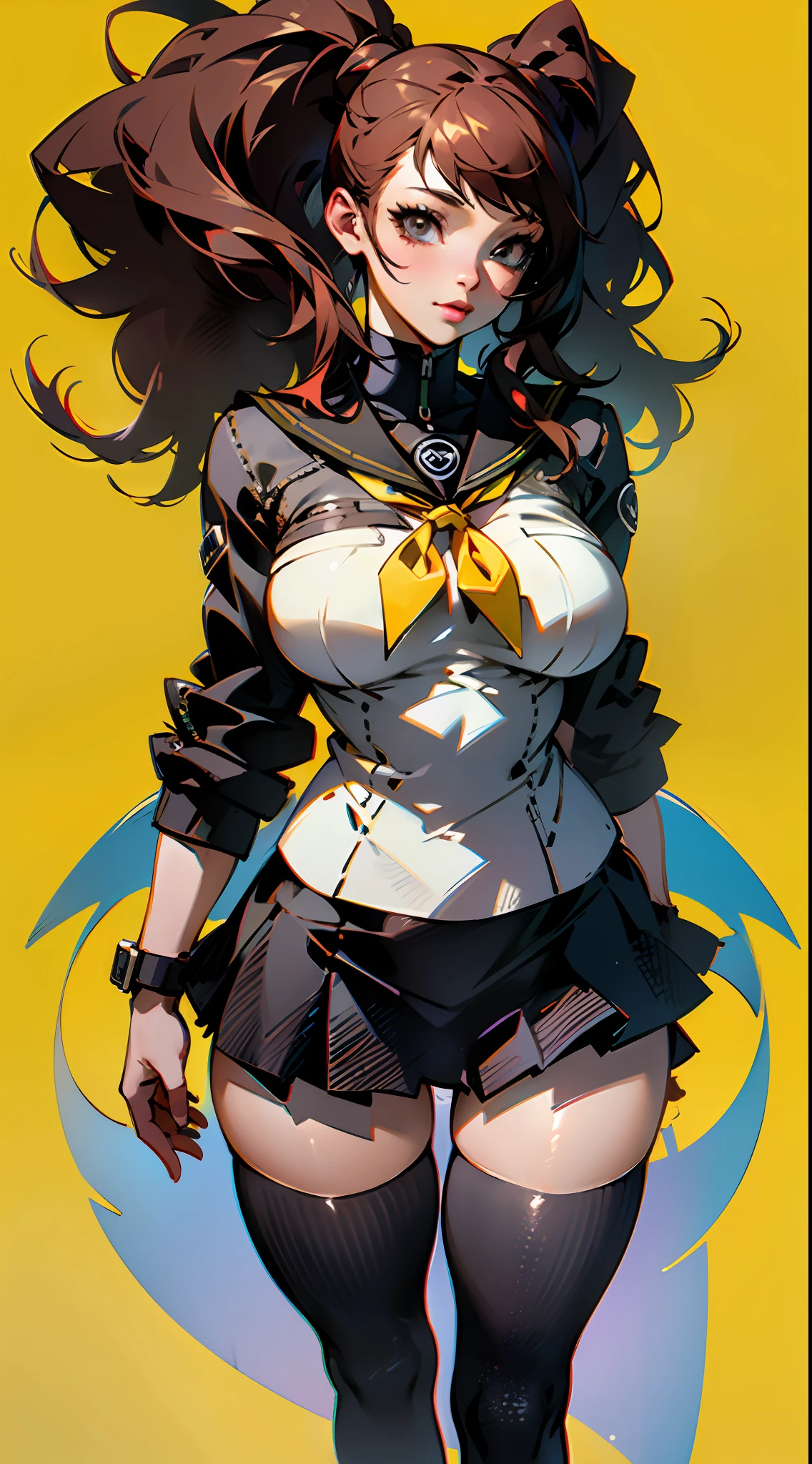 (Surreal), (Illustration), (High resolution), (in 8K), (Extreme Detail), (Best Illustration), (beautiful detail), (Best Quality), (masuter piece), (Wallpaper), ( Detailed face), full body Esbian、persona4、Risekujikawa, Twin-tailed、Brown hair、School Girl Uniform、Bullish appearance、 Realistic fantasy rendering, Realistic anime girl rendering, Full body portrait, (Big Breast: 1.4) popular in CGSTATION, wlop. 4K、Yellow background、Highlights for the eyes