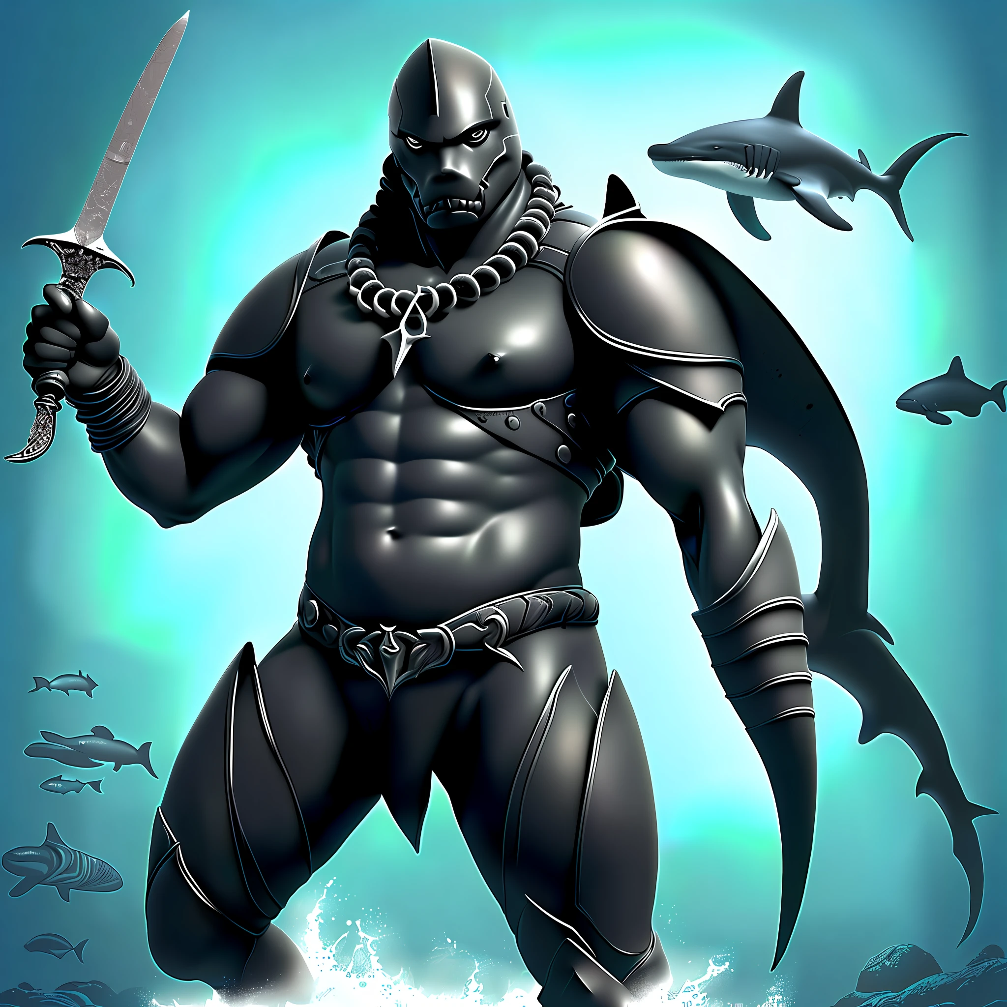 A shark that possesses human characteristics, garras bem grandes e afiada,pernas humanas, peitoral musculoso, boom launcher, Sword user with whale bone notch,bem detalhado,4k,preto escuro cinza claro, Garra Escura, Soldier of ancient Atlantis,loyal to the moral code,