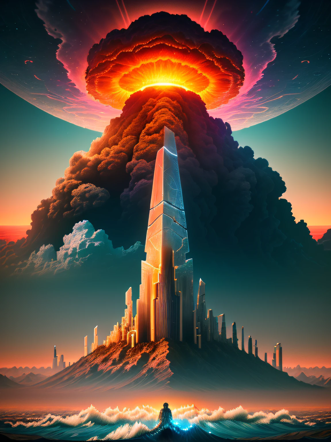 Angelical face of Zeus in the distance, Lanscape, atomic mushroom explosion, expansive wave, futuristic city destruction, epic, apocalipsis, intrincate details, (8k uhd, sunrise lighting, high quality, film grain) --ar 2:1 --s 1000 --style raw