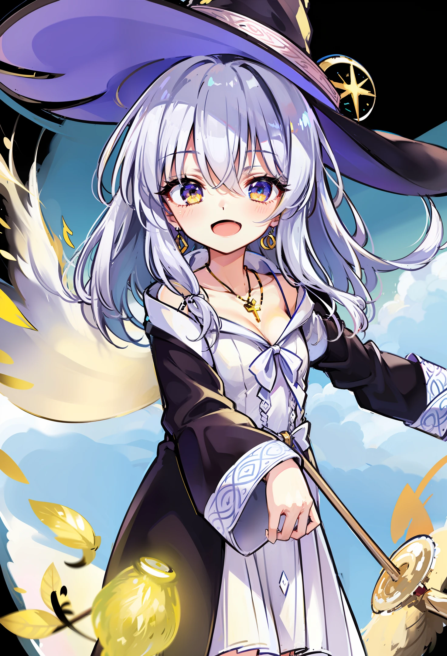 the witch,Staff,White hair,long whitr hair,Yellow eyes,eyes glowing,Animated comic quality,Witch hat,Gold cross necklace,Blue and white clothes,tmasterpiece,longer sleeves,cleavage,The clothes have details,ssmile,Open-mouthed,Blushlush,There is a magic array in the background