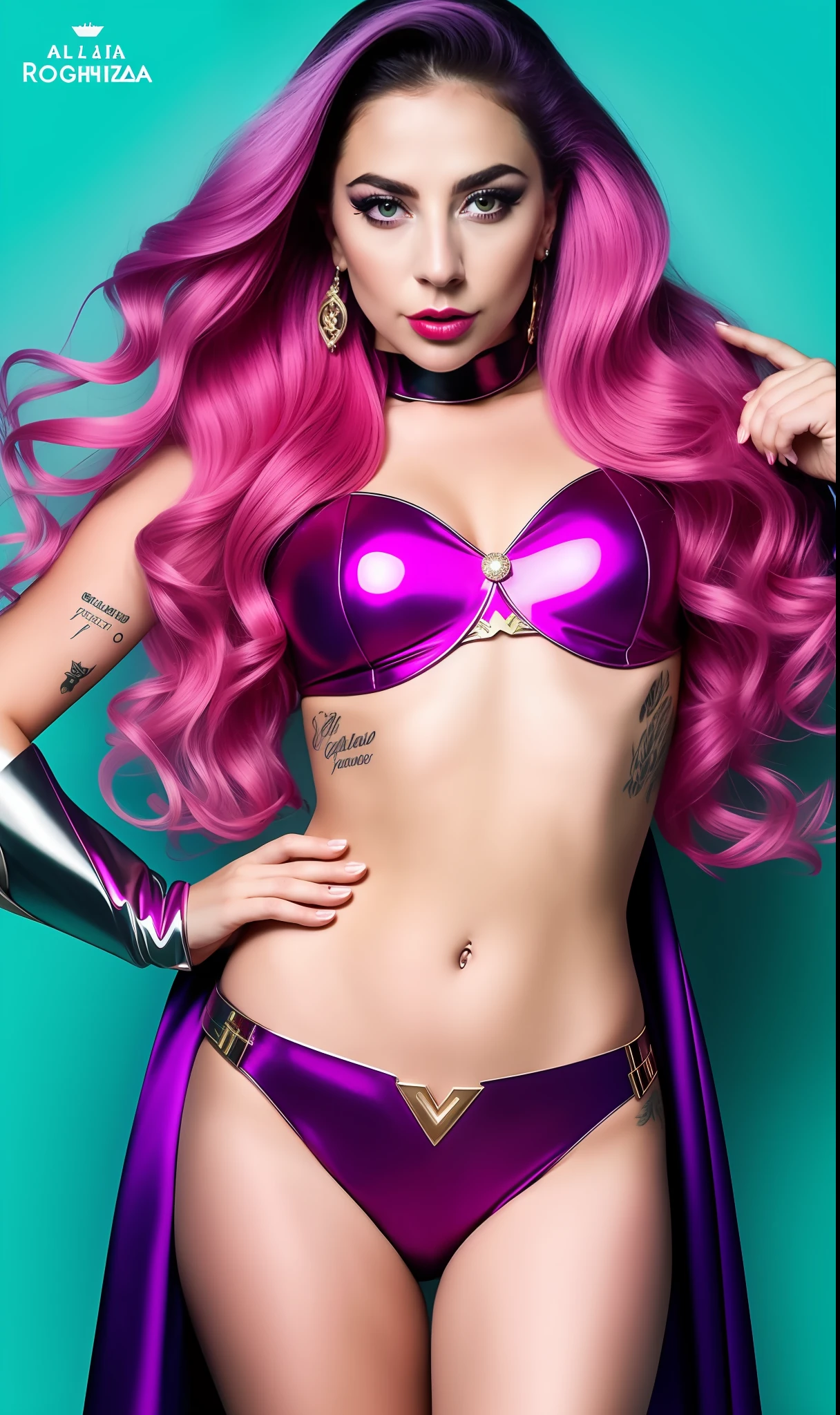 Lady GaGa Super Hero Sexy Costume,traje futurista,textura 4K, cabello largo y de colores, calidad alta, cuerpo completo,varias poses corporales,peinado extravagante, Original album cover, imagen 8k, futurista, alta calidad de imagen, en la noche, accesorios en el cabello, imagen 8k, rostro realista en alta calidad, cuerpo completo, diferentes poses corporales, alta calidad en el rostro, rasgos definidos,HD, rostro realista y definido 4k