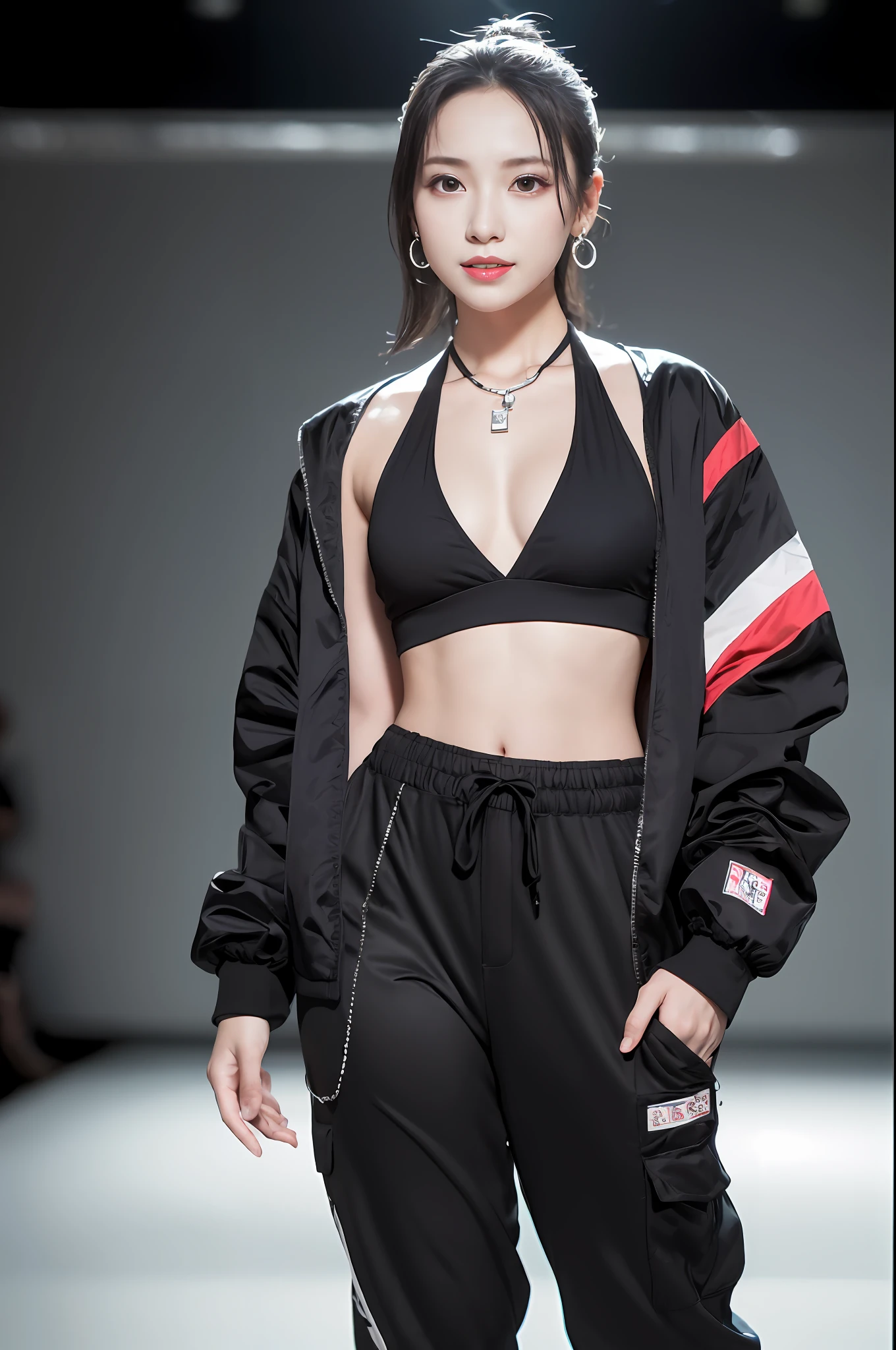 (masutepiece:1.2, of the highest quality), (photos realistic), Ticker, Intricate details, (Detailed face), (Detailed eyes), 1 girl, Solo, ((Pretty cute sexy Japan girl)), 20 years old, (((Full body photo))), (8k background), (Full body photo:1.2), looking in camera, Slender body, Slim body, Long legs, Shiny skin, pale skin, Beautiful face, Beautiful eyes, Realistic skin, Various hair styles, (Smile), (Runway and hangar background), Out-of-focus background, (Streetwear Jacket Print, Keyhole Backhalter Top, Elastic waist cotton pants), earrings, appearance々Necklaces, (Hands in pockets), (Bracelets), (Naughty costumes),Dance Studio、