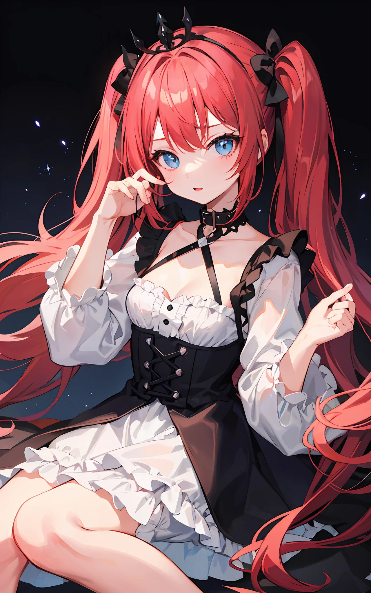 {{best quality}}, {{masterpiece}}, {{ultra-detailed}}, {illustration}, {detailed light}, Red hair, Blue eyes, twintails, Goth Lolita, Darkgoth, Collar,Crown tiara,pride,solo,loli,Long hair,