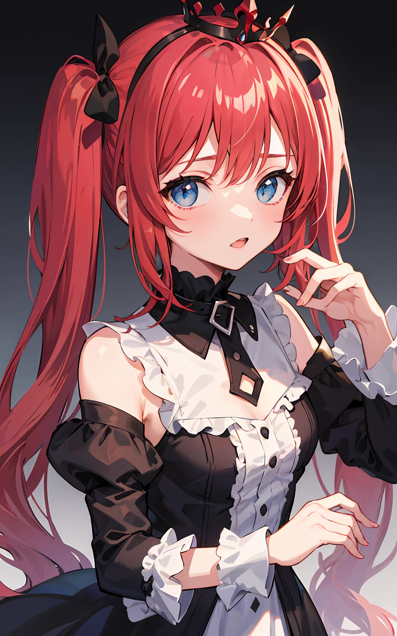 {{best quality}}, {{masterpiece}}, {{ultra-detailed}}, {illustration}, {detailed light}, Red hair, Blue eyes, twintails, Goth Lolita, Darkgoth, Collar,Crown tiara,pride,solo,loli,Long hair,