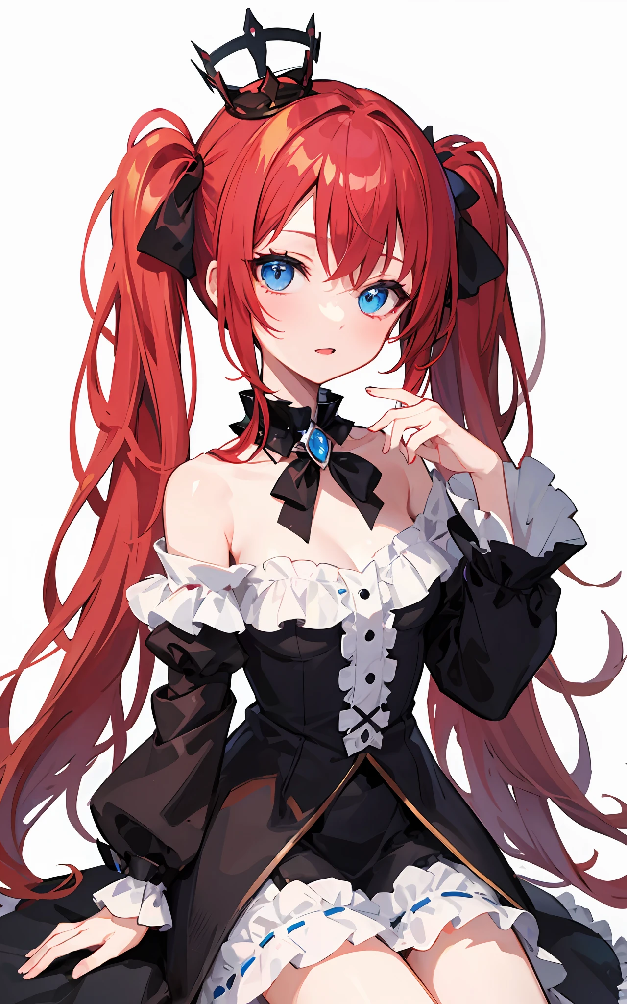 {{best quality}}, {{masterpiece}}, {{ultra-detailed}}, {illustration}, {detailed light}, Red hair, Blue eyes, twintails, Goth Lolita, Darkgoth, Collar,Crown tiara,pride,solo,loli,Long hair,