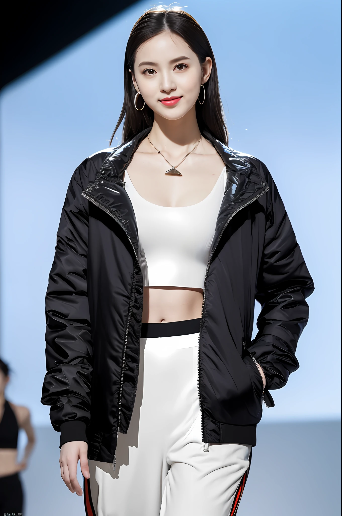 (masutepiece:1.2, of the highest quality), (photos realistic), Ticker, Intricate details, (Detailed face), (Detailed eyes), 1 girl, Solo, ((Pretty cute sexy Japan girl)), 20 years old, (((Full body photo))), (8k background), (Full body photo:1.2), looking in camera, Slender body, Slim body, Long legs, Shiny skin, pale skin, Beautiful face, Beautiful eyes, Realistic skin, Various hair styles, (Smile), (Runway and hangar background), Out-of-focus background, (Streetwear Jacket Print, Keyhole Backhalter Top, Elastic waist cotton pants), earrings, appearance々Necklaces, (Hands in pockets), (Bracelets), (Naughty costumes),Dance Studio、