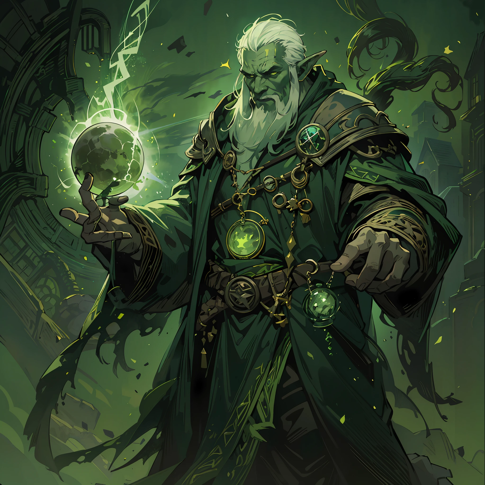 a 50-year-old orc, 1 orc as a warlock, cosmic horror, warlock's staff on his back, green skin, fat and hunchbacked, Gul'dan, white hair, with goatee, dirty warlock's cloak, with green, green and black, magic lightning on his body, magic runes, necromancer