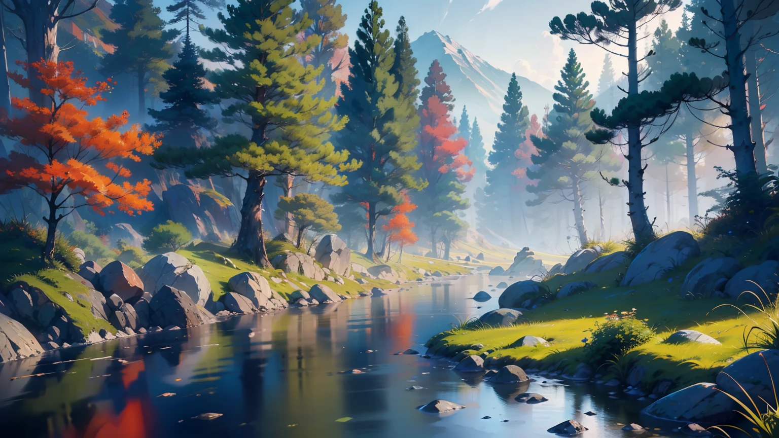 A mountain，The trees below the mountain are luxuriant，There is a stream，Ancient wind，The background is mountains，Beautiful CG quality，Clear and detailed description，Hearty shots，Rich and superb local details，Intoxicating light and shadow effects，Beautiful and beautiful overall atmosphere