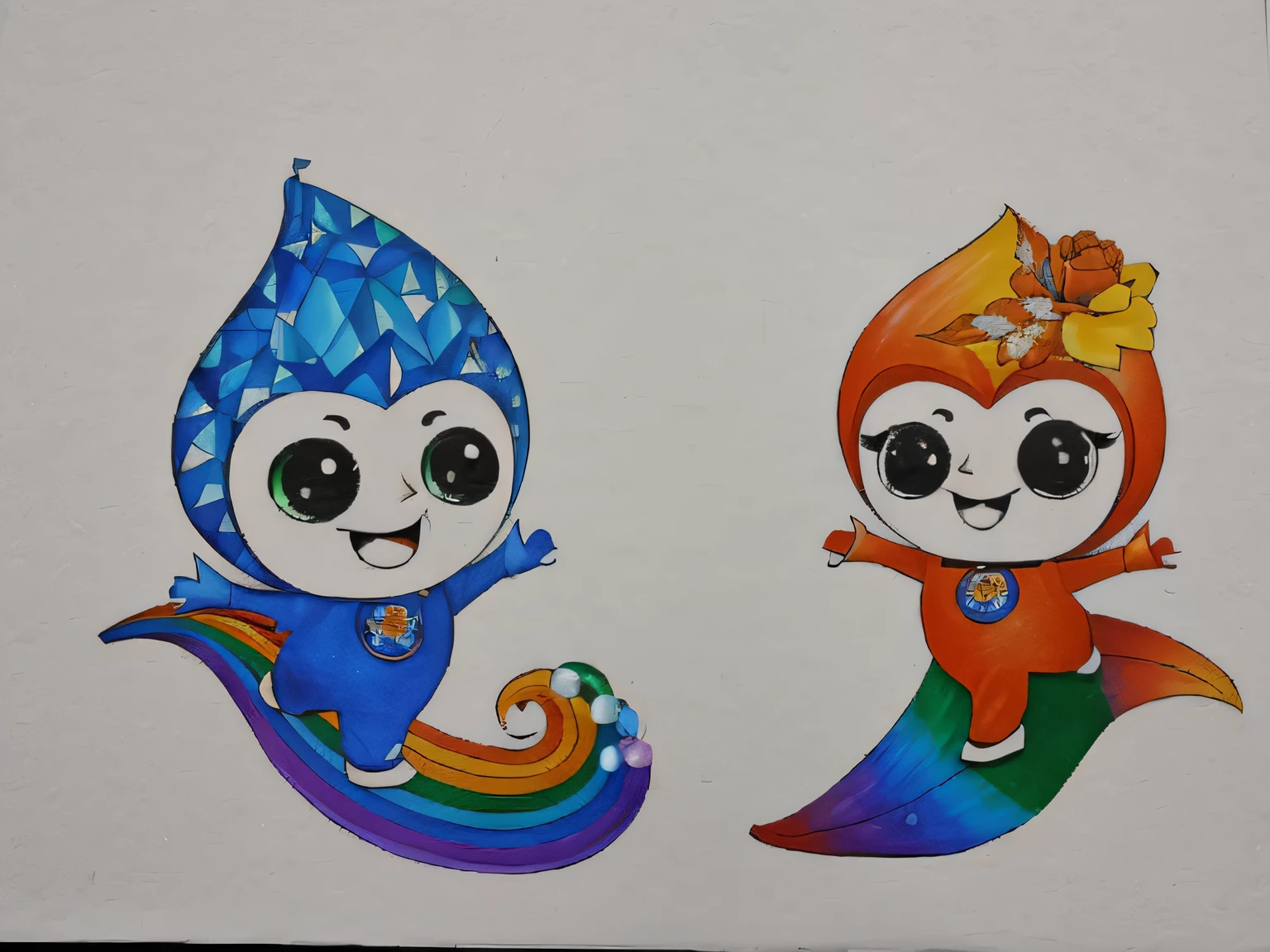 Draw two cartoon characters with a rainbow and a blue hat, photo from the olympic games, traditional art, author：Igiles, full color drawing, hand painted cartoon art style, Fanart, color drawing, water sprites, official fanart, 🐋 as 🐘 as 🤖 as 👽 as 🐳, High-quality fanart, color drawing, inspired by Luo Ping
