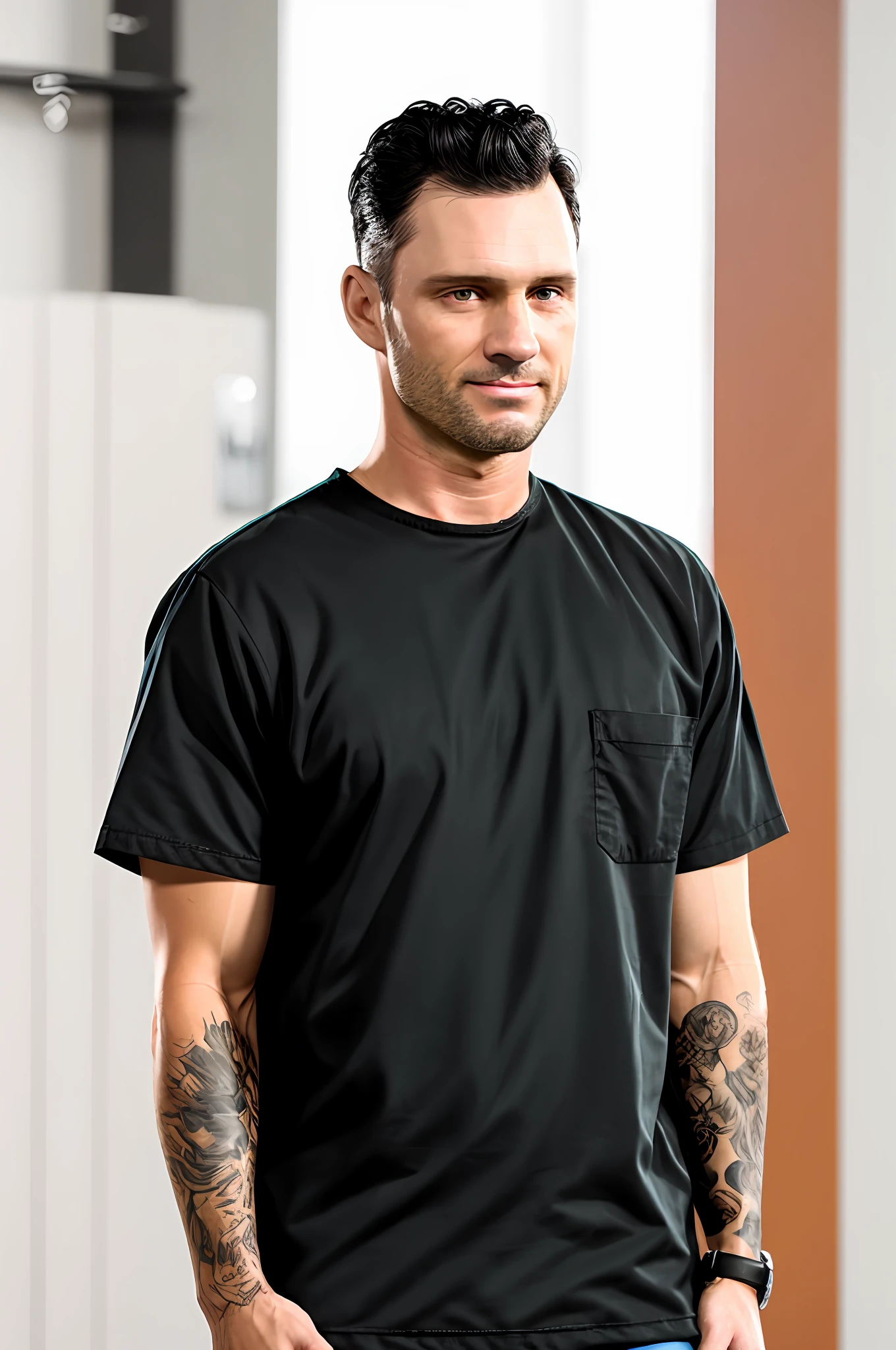 a man combed back black hair, orange prison uniform, parte superior do corpo, close up, RAW, 8K, UHD, rosto altamente detalhado, candid, amador, [sorrindo], prisioneiros ao fundo, camisa branca