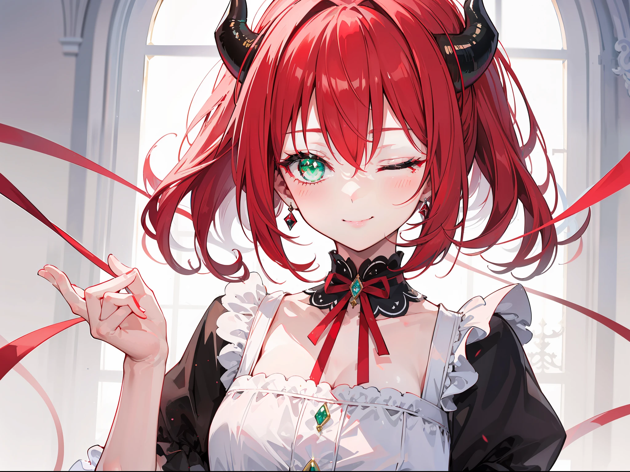 "Palace ambiance, exquisite 4k artwork showcasing a captivating donning an enchanting dark-red hair tied gracefully with a ribbon and have demon horn. Her mesmerizing green eyes sparkle as she elegantly adorns a charming maid dress and warm cute smile with two eyes closed."