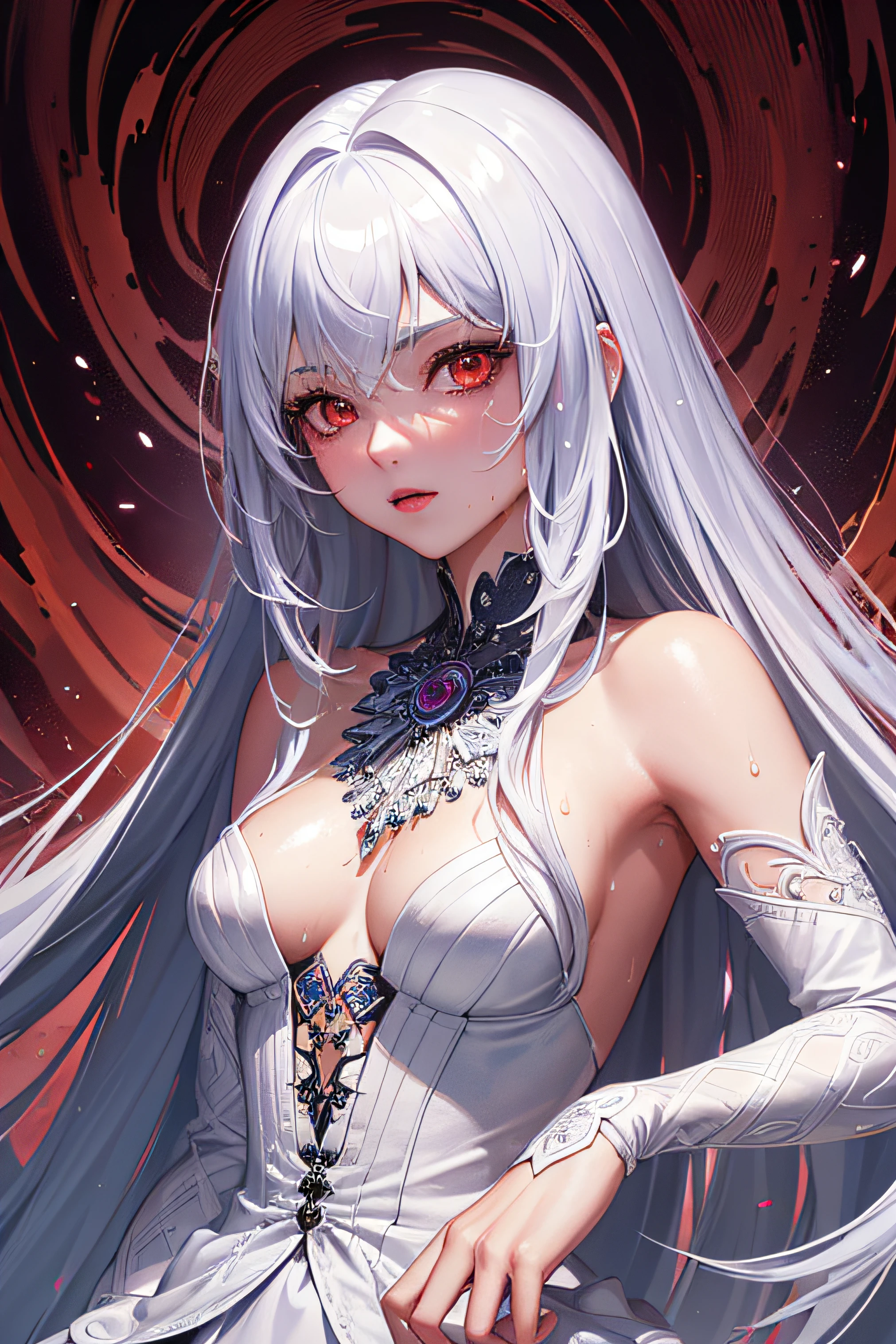 (masterpiece, top quality, best quality, official art, beautiful and aesthetic:1.2), (1girl:1.3), (fractal art:1.3),absurd, masterpiece, best quality, realistic, hyper-detailed, (shiny skin, sweaty:1.4), looking at viewer, slender, 1girl, solo, white sneakers, white miniskirt, straight long hair, princess cut, purple hair, red eyes, (thick thighs:0.5), dynamic lighting, high resolution, sharp focus, depth of field, small breasts,vampire, masterpiece, best quality, ultra-detailed, illustration, ultra-detailed face, best quality face, evil, 30 years old, adult, 1girl, 30 years old, no human, white hair, alchemy outfit, intricate detailed outfit, sexy pose, glowing red dress