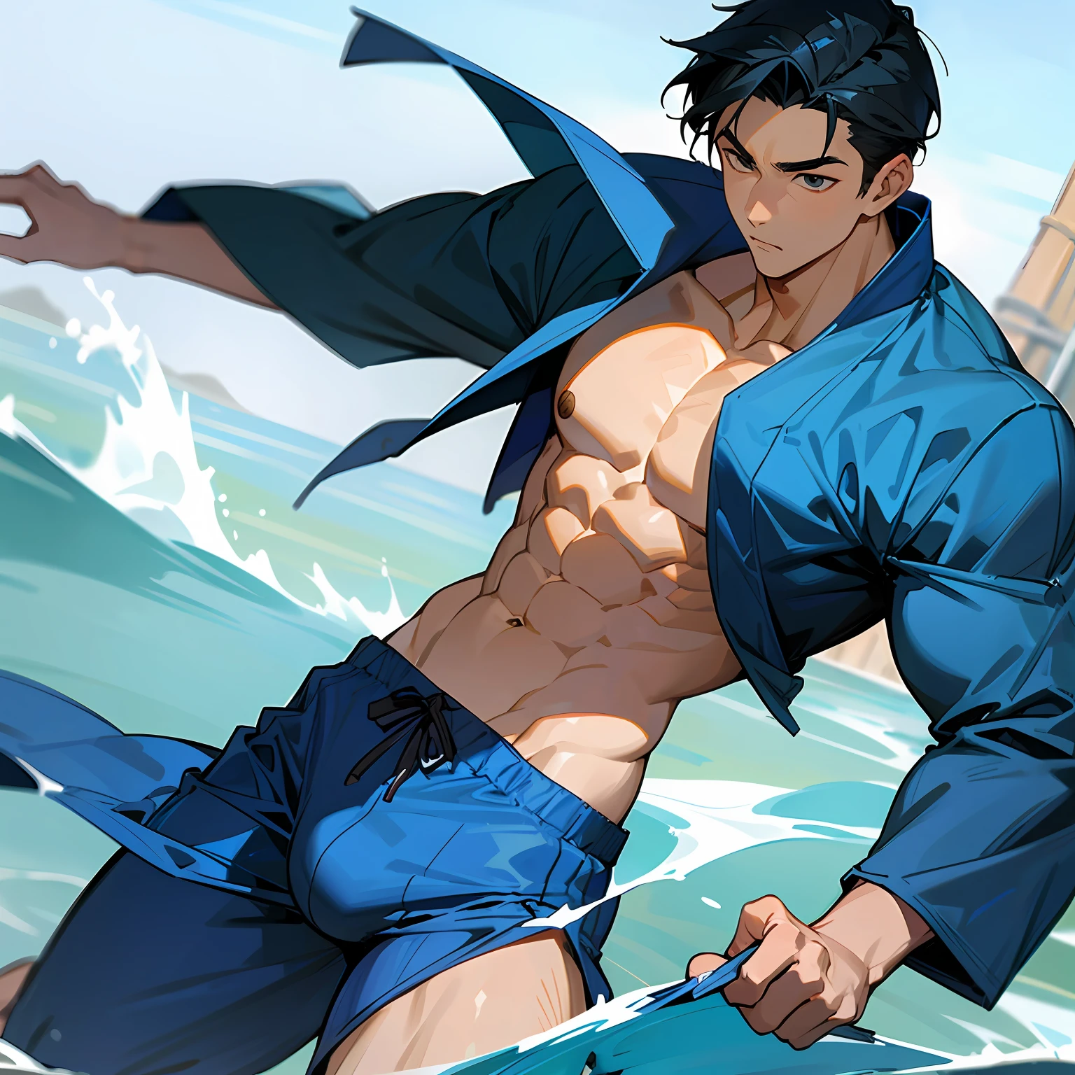 Asian boy face(Realiy,Handsome) Lean and fair swim trunk dress up Fine body Swim trunks bulge --auto