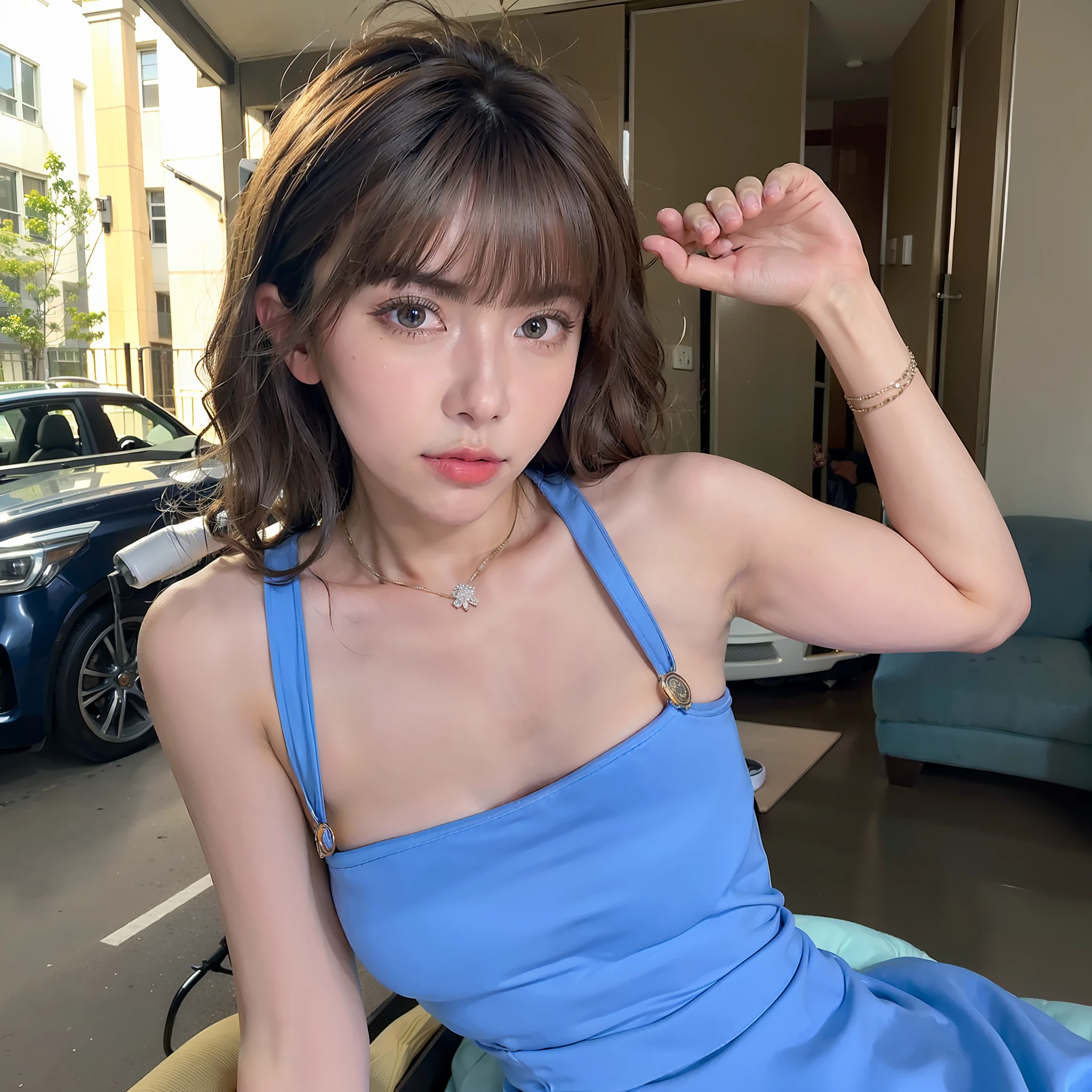 （8k，RAW photos，best qualtiy，tmasterpiece：1.2），（realisticlying，realisticlying：1.37），best qualtiy，超高分辨率，NFSW backlight，light  leaks，动态照明，slim，Smooth skin，（pureerosface_v1：1），Bond，nabel，Kpop idol，（beatiful detailed eyes：1），（beautifull detailed face：1），（freebuffing：1.2），exteriors，ulzzang-6500，1girll，standing on your feet，The upper part of the body,,, from the front side，up front view，looking at viewert，， Arms behind your back，the street，rays of sunshine，goddes，white skinned，Long hair，Curly hair，Sexy suspenders，Big chest，overhead photography，Blue pupil，Need，Wear black panties