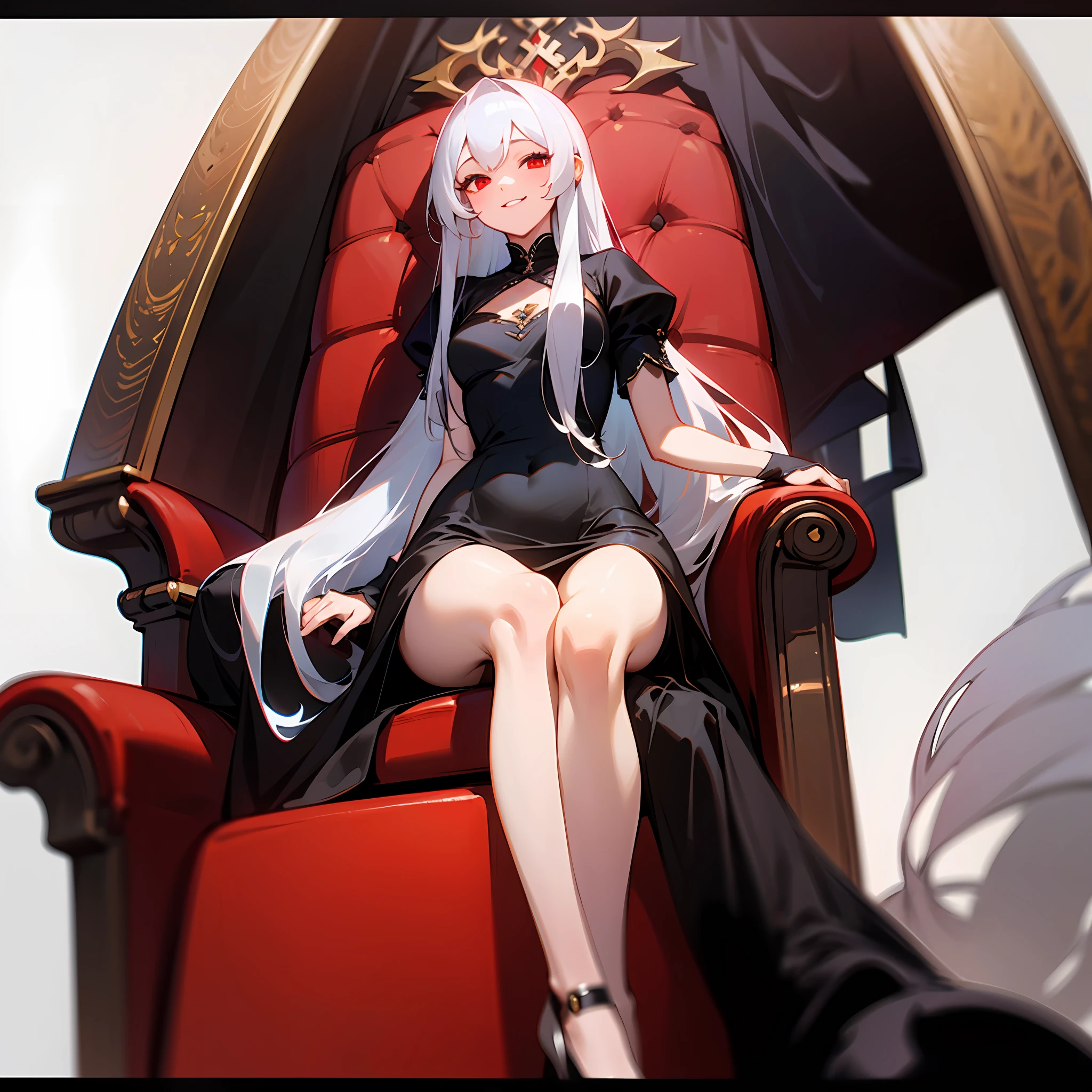 A girl with long white hair sat on the emperor's chair,Red eyes sexy black dress, Black pantyhose(blacksilk), Left leg to right leg, Black high heels look down at the camera, Emoji smile, no extra limbs!Correct limbs! --auto