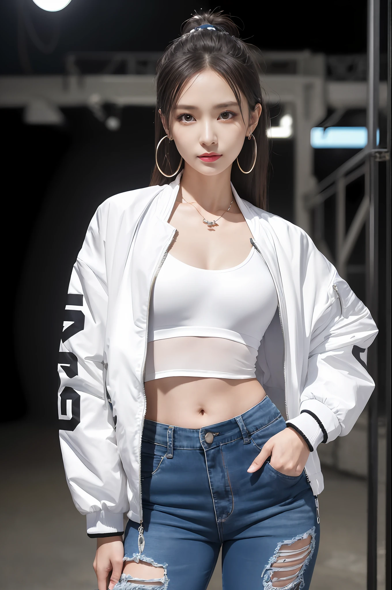 (masutepiece:1.2, of the highest quality), (photos realistic), Ticker, Intricate details, (Detailed face), (Detailed eyes), 1 girl, Solo, (Pretty cute sexy Japan girl), 20 years old, Full body photo, (8k background), (Full body photo:1.2), looking in camera, Slender body, Slim body, Long legs, Shiny skin, pale skin, Beautiful face, Beautiful eyes, Realistic skin, Various hair styles, (Smile), (Runway and hangar background), Out-of-focus background, (Streetwear Jacket Print, Keyhole Backhalter Top, Elastic waist cotton pants), earrings, appearance々Necklaces, (Hands in pockets), (Bracelets), (Naughty costumes),Dance Studio、