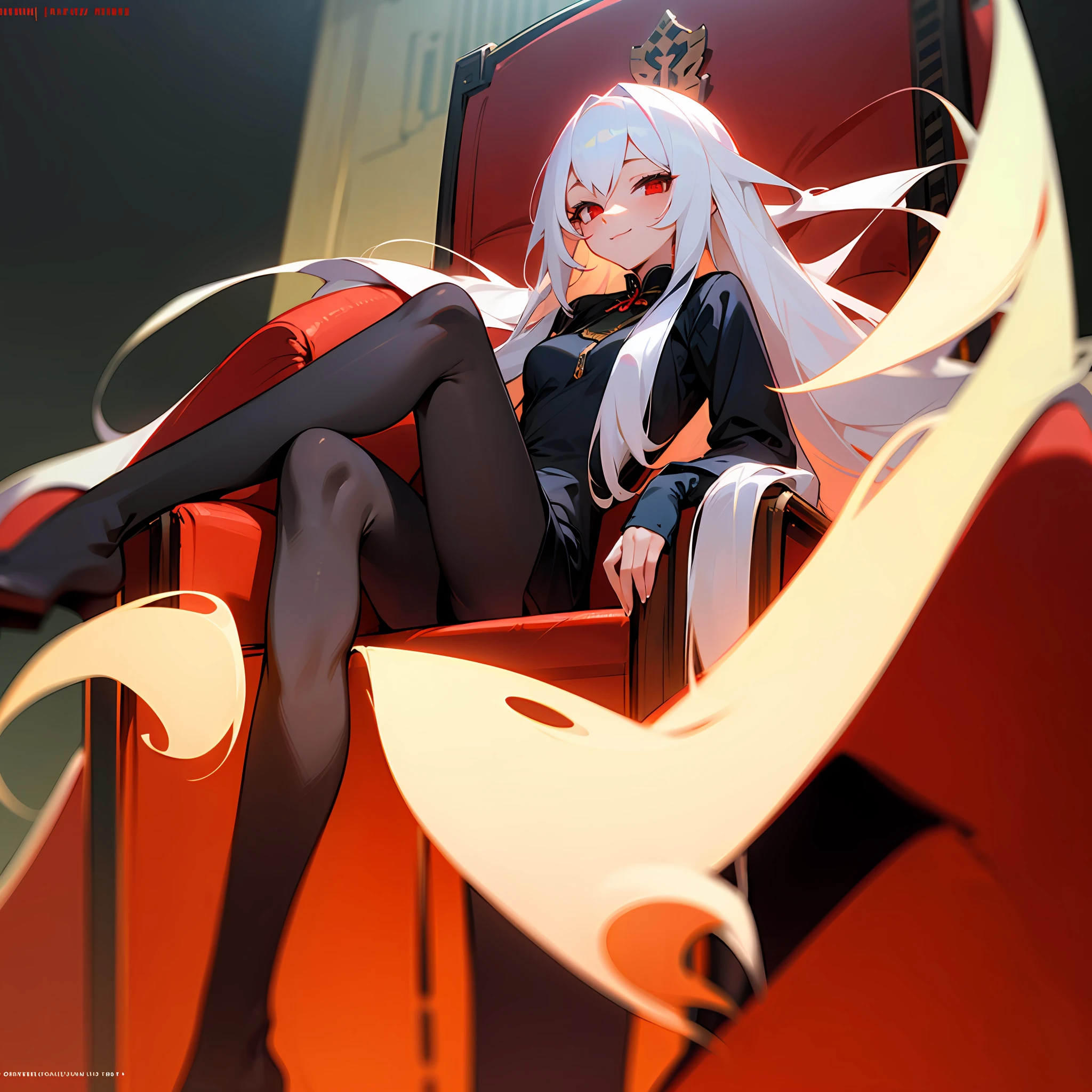 A girl with long white hair sitting in the emperor's chair with red eyes sexy black dress, black pantyhose, left leg on right leg, looking down at the camera, expression smiling, no extra limbs!Correct limbs! --auto