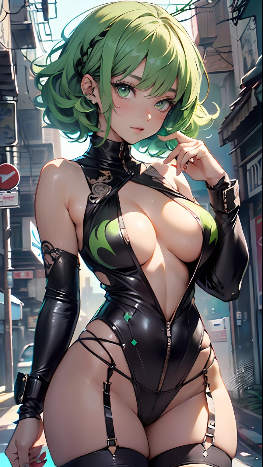 girl youtuber,(1girl:1.3),((extremely cute and beautiful green curly-haired anime girl walking down the street)),
(short breasts:1.4),(((green curly hair:1.35,very curly hair,colored inner hair,ear breathing, short hair))), ((green eyes:1.3,upturned eyes:1.3,perfect eyes,beautiful detailed eyes, rainbow glows ultra-detailed yellow green eyes:1.1,gradient eyes:1, finely detailed beautiful eyes:1,symmetrical eyes:1,big highlight on eyes:1.2)),(fat:1.2), (((lustrous skin:1.5, bright skin: 1.5,skin tanned,shiny skin,very shiny skin,shiny body,plastic glitter skin,exaggerated shiny skin))),delicate detailed fingers,detailed body,detailed arms, human hands,detailed hands,),
cute,slutty,seductive,erotic,nsfw,
zettai ryouiki,revealing clothing,show skin,rave mini-skirt,visible thong straps,(white loose tank top with an intricate print,,(detailed outfit, detailed clothes),
(dynamic pose:1.0),solo focus,embarrassed,centered,scale to fit dimensions,Rule of thirds,
outdoors, ((night view)), (cyberpunk night street Background: 1.5,dark sky,alleyway,lonely alley,thick clouds, detailed background:1.25),
(best quality), (high resolution), (sharp focus), (ultra detailed), (extremely detailed), (extremely high quality artwork), 8k_wallpaper, (extremely detailed CG 8k),(very fine 8K CG), ((hyper super ultra detailed perfect piece)), flawless, (((masterpiece))), illustration, vibrant colors, (intricate), High contrast, Selective lighting, Double exposure, HDR (High Dynamic Range), Post-processing, Background blur,