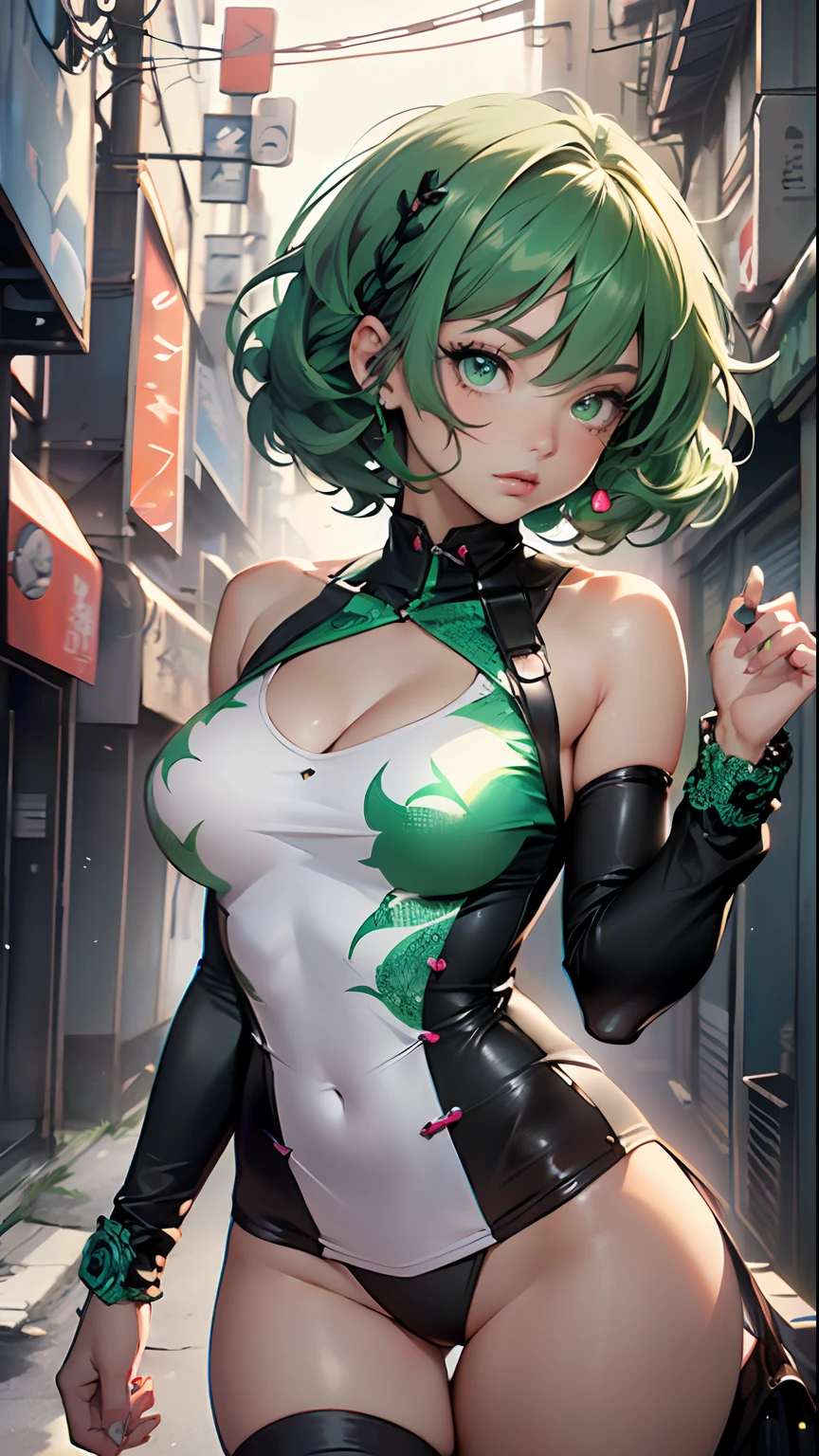 girl youtuber,(1girl:1.3),((extremely cute and beautiful green curly-haired anime girl walking down the street)),

(short breasts:1.4),(((green curly hair:1.35,very curly hair,colored inner hair,ear breathing, short hair))), ((green eyes:1.3,upturned eyes:1.3,perfect eyes,beautiful detailed eyes, rainbow glows ultra-detailed yellow green eyes:1.1,gradient eyes:1, finely detailed beautiful eyes:1,symmetrical eyes:1,big highlight on eyes:1.2)),(fat:1.2), (((lustrous skin:1.5, bright skin: 1.5,skin tanned,shiny skin,very shiny skin,shiny body,plastic glitter skin,exaggerated shiny skin))),delicate detailed fingers,detailed body,detailed arms, human hands,detailed hands,), 

cute,slutty,seductive,erotic,nsfw, 

zettai ryouiki,revealing clothing,show skin,rave mini-skirt,visible thong straps,(white loose tank top with an intricate print,,(detailed outfit, detailed clothes), 

(dynamic pose:1.0),solo focus,embarrassed,centered,scale to fit dimensions,Rule of thirds,

outdoors, ((night view)), (cyberpunk night street Background: 1.5,dark sky,alleyway,lonely alley,thick clouds, detailed background:1.25),

(best quality), (high resolution), (sharp focus), (ultra detailed), (extremely detailed), (extremely high quality artwork), 8k_wallpaper, (extremely detailed CG 8k),(very fine 8K CG), ((hyper super ultra detailed perfect piece)), flawless, (((masterpiece))), illustration, vibrant colors,  (intricate), High contrast, Selective lighting, Double exposure, HDR (High Dynamic Range), Post-processing, Background blur,