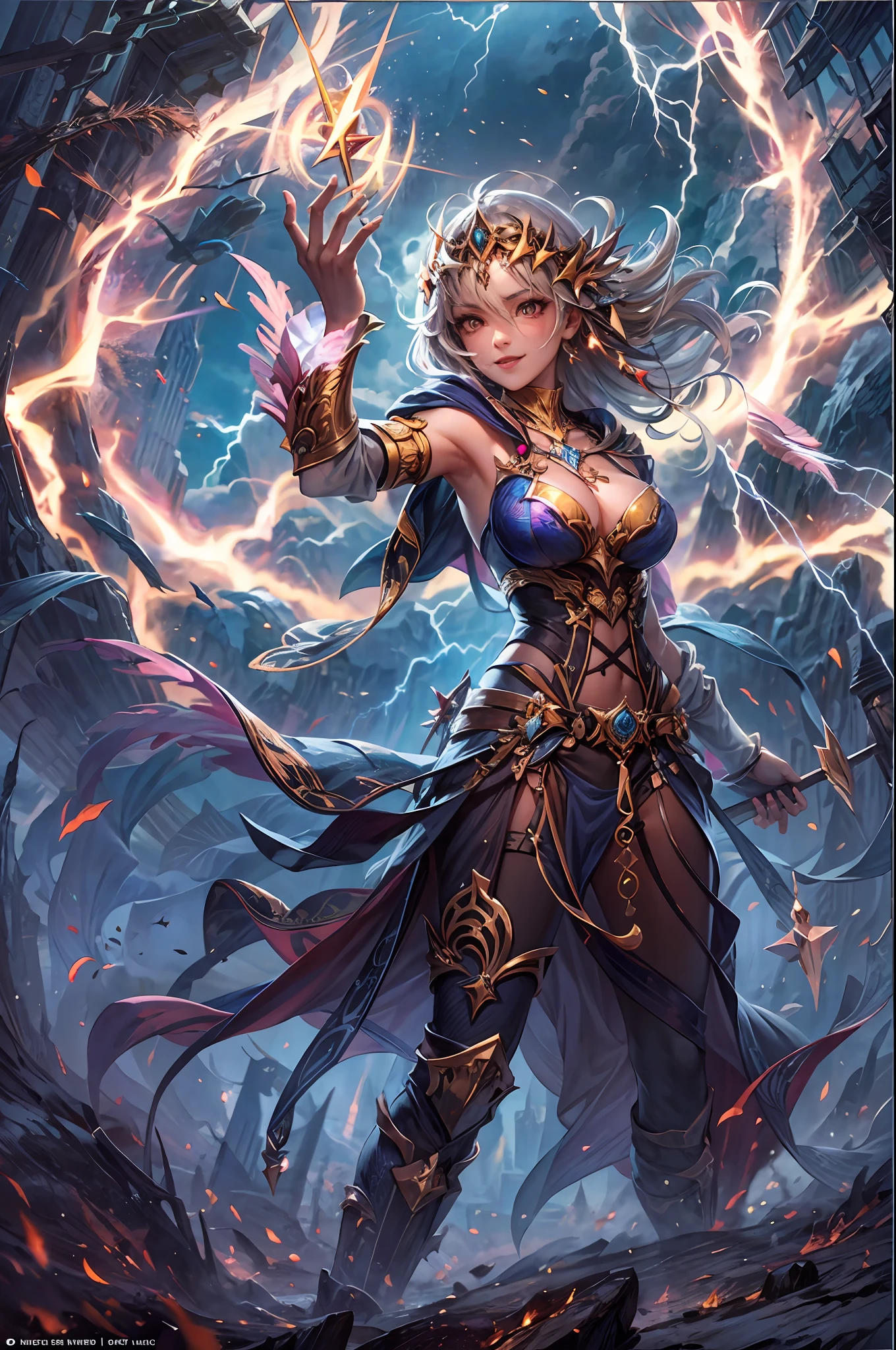 image of a beautiful sorceress casting a lightning spell, she is standing on a burning ground, fantasy background, various of lightning spark dazzling around her, fierce aura, countless of electric line run along her body, lightning armor, detailed revealing sorceress clothes, thunder in the background, BREAK detailed face, detailed shiny eyes, tall body, seductive body, mature body, detailed body, random pose of casting spell, medium breast, smile, the around her is bursting with otherworldly power, BREAK best quality, masterpiece, trending deviant art, official art, 4k wall paper, fantasy, focused, perfect composition, cool color,