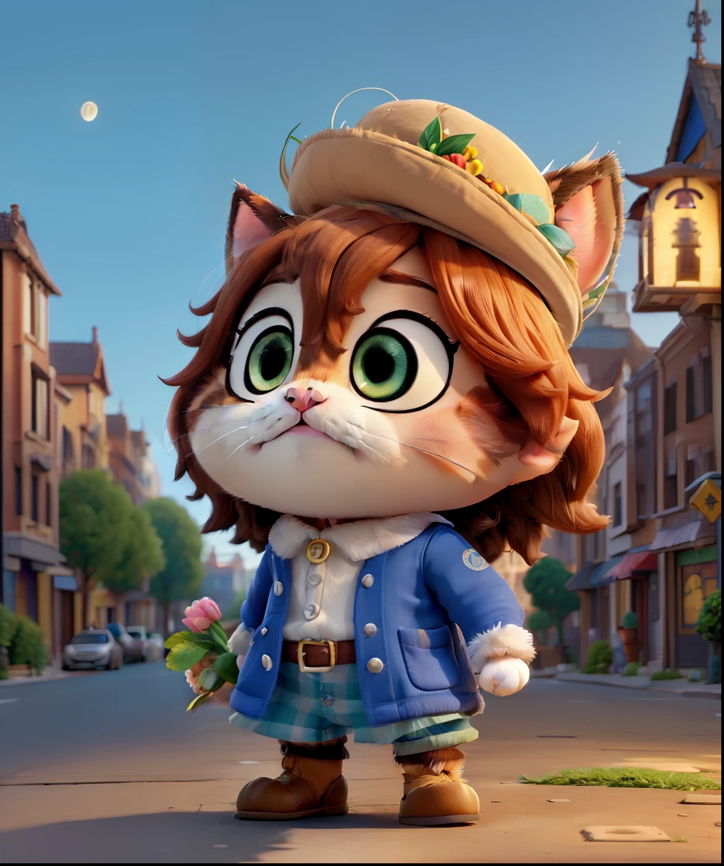(Cute kitten:1.3), ssmile, Bushy smooth coat、personification, Mushroom cap on the head, rendered:(charicature:1.3,Production Movie, the pose:(Lively:1.2, amusing), modeled:(ultra-quality:1.2,8K,Orthographic view),tulips, blue-sky, for the background(Urban night building street:1.1),{Complex and ultra-detailed, Giuseppe Arcimboldo}