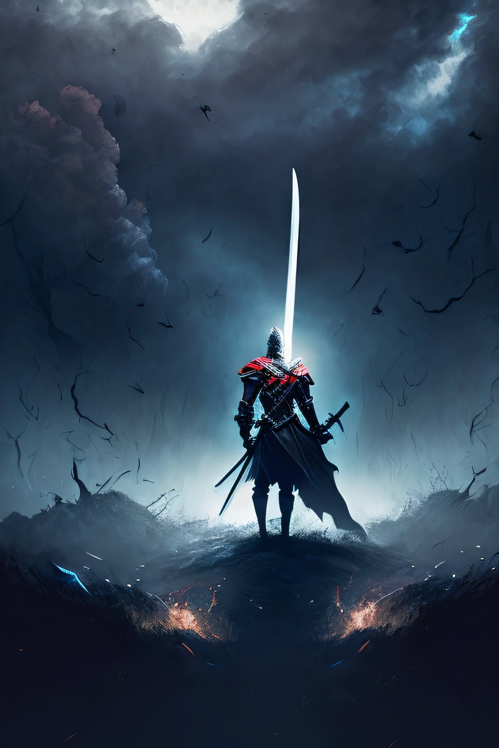 sword:1, sword hold,soul-like game,1man,misty,blood,war,dark sky,wide field,many dead body,fighting,mid age