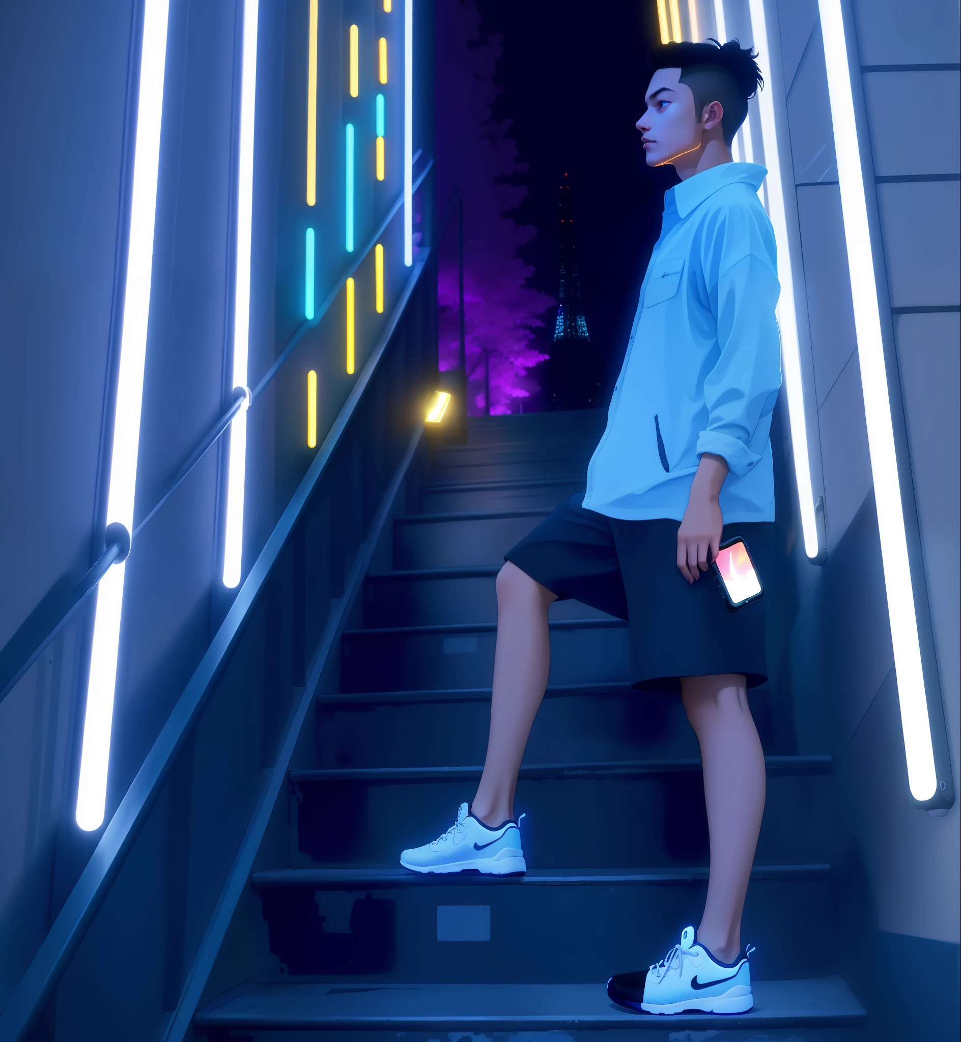 (A role)On the stairs of the future neon roof, Aesthetic photos taken in 2020, 5px profile picture taken with Canon 1024 and iPhone 13 Pro, The glow of neon lights illuminates the entire scene，Create beautiful light and shadow effects。(iPhone 10 shooting)