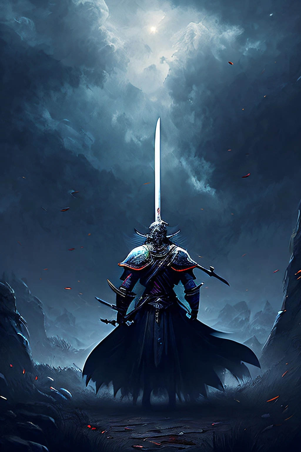 sword:1, sword hold,soul-like game,1man,misty,blood,war,dark sky,wide field,many dead body,fighting,mid age