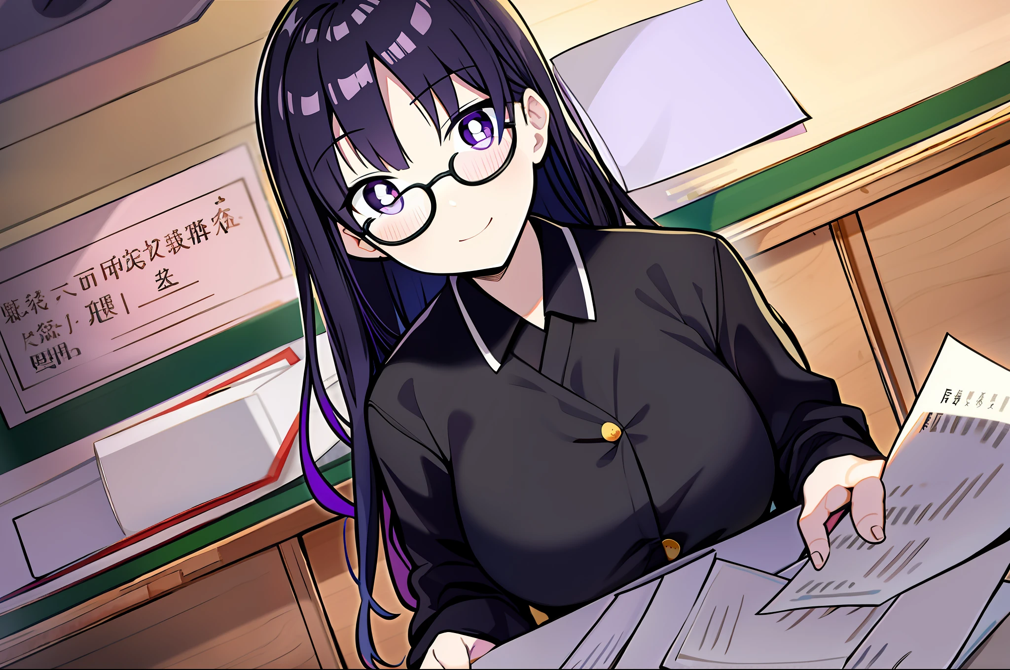 A black silky hair、Purple pupils、Japanese anime woman wearing glasses，Young female teachers，Wearing a black and white dress，The chest size is D，Smile and hold a stack of paper materials，Entering the wooden classroom，The students are already seated。detail-rich，Plenty of light and shadow，Refine the text。