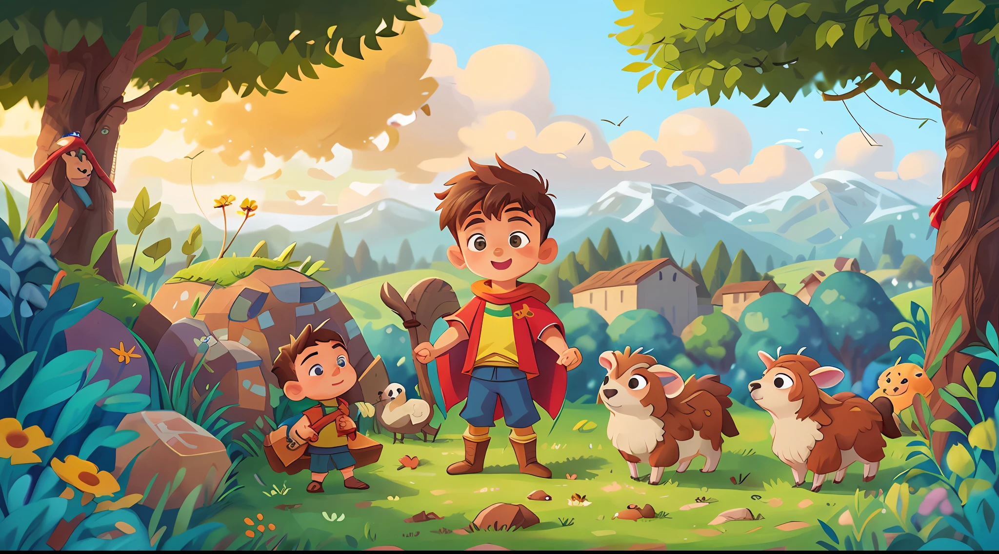 Davi e Golias, Davi, um jovem pastor de ovelhas, Young man in tunic, pastor de ovelhas, campo com ovelhas, cuidador de ovelhas, Rural background, biblical, desenho digital infantil, super realistic