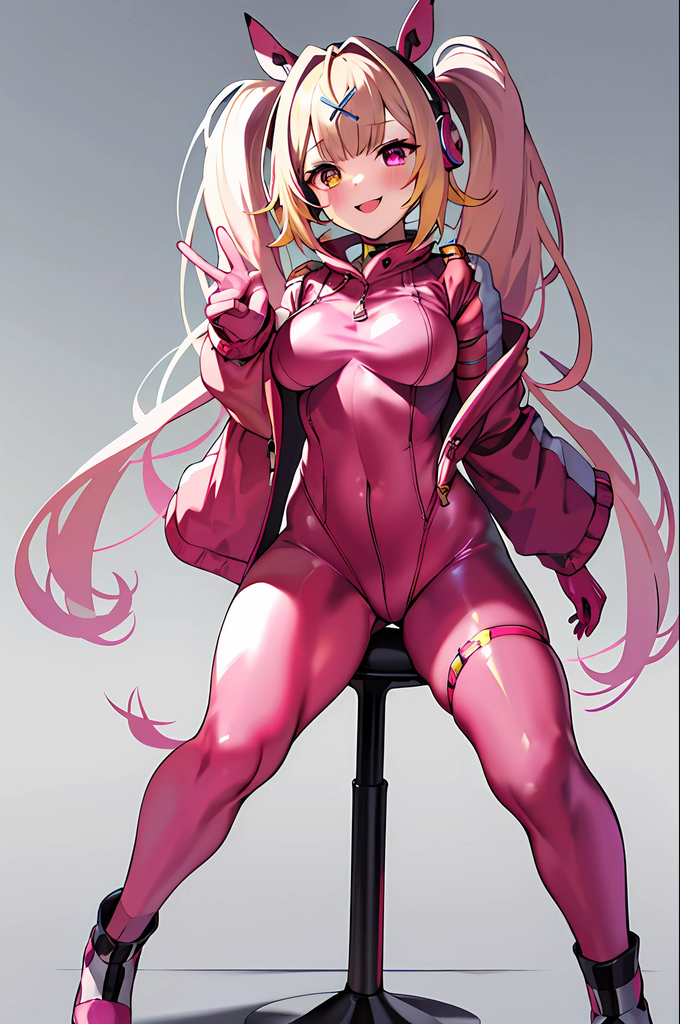 masterpiece, top-quality, hight resolution, HS1, a blond、red eyes, yellow eyes, side poneyTail, X Hair Ornament, Thigh strap, Pink Bodysuit、animal ear、Fake animal ears、gloves、headphones、ear phone、 jaket、Pink latex bodysuit、Twin-tailed、white glove、 Virtual Girl - Aim、middlebreasts、Black Crystal Pendant、A smile、 FULL BODYSHOT、Perfect picture quality、Opening legs、Open your crotch、opens legs、red blush