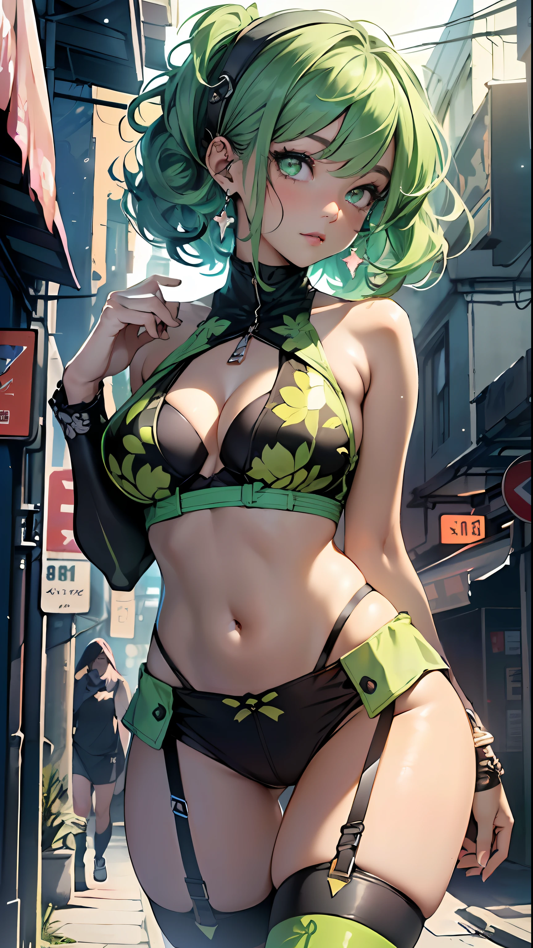 girl youtuber,(1girl:1.3),((extremely cute and beautiful green curly-haired anime girl walking down the street)),
(short breasts:1.4),(((green curly hair:1.35,very curly hair,colored inner hair,ear breathing, short hair))), ((green eyes:1.3,upturned eyes:1.3,perfect eyes,beautiful detailed eyes, rainbow glows ultra-detailed yellow green eyes:1.1,gradient eyes:1, finely detailed beautiful eyes:1,symmetrical eyes:1,big highlight on eyes:1.2)),(fat:1.2), (((lustrous skin:1.5, bright skin: 1.5,skin tanned,shiny skin,very shiny skin,shiny body,plastic glitter skin,exaggerated shiny skin))),delicate detailed fingers,detailed body,detailed arms, human hands,detailed hands,),
cute,slutty,seductive,erotic,nsfw,
zettai ryouiki,revealing clothing,show skin,rave mini-skirt,visible thong straps,(white loose tank top with an intricate print,,(detailed outfit, detailed clothes),
(dynamic pose:1.0),solo focus,embarrassed,centered,scale to fit dimensions,Rule of thirds,
outdoors, ((night view)), (cyberpunk night street Background: 1.5,dark sky,alleyway,lonely alley,thick clouds, detailed background:1.25),
(best quality), (high resolution), (sharp focus), (ultra detailed), (extremely detailed), (extremely high quality artwork), 8k_wallpaper, (extremely detailed CG 8k),(very fine 8K CG), ((hyper super ultra detailed perfect piece)), flawless, (((masterpiece))), illustration, vibrant colors, (intricate), High contrast, Selective lighting, Double exposure, HDR (High Dynamic Range), Post-processing, Background blur,
