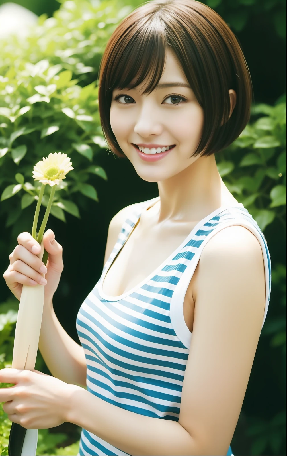 "Cute Japan woman in short cut is gardening"Photorealsitic,Hyper-Realism,highcontrast,Ultra HD, realistic skin textures,Top image quality,top-quality,超A high resolution,Fine details,Very meticulously