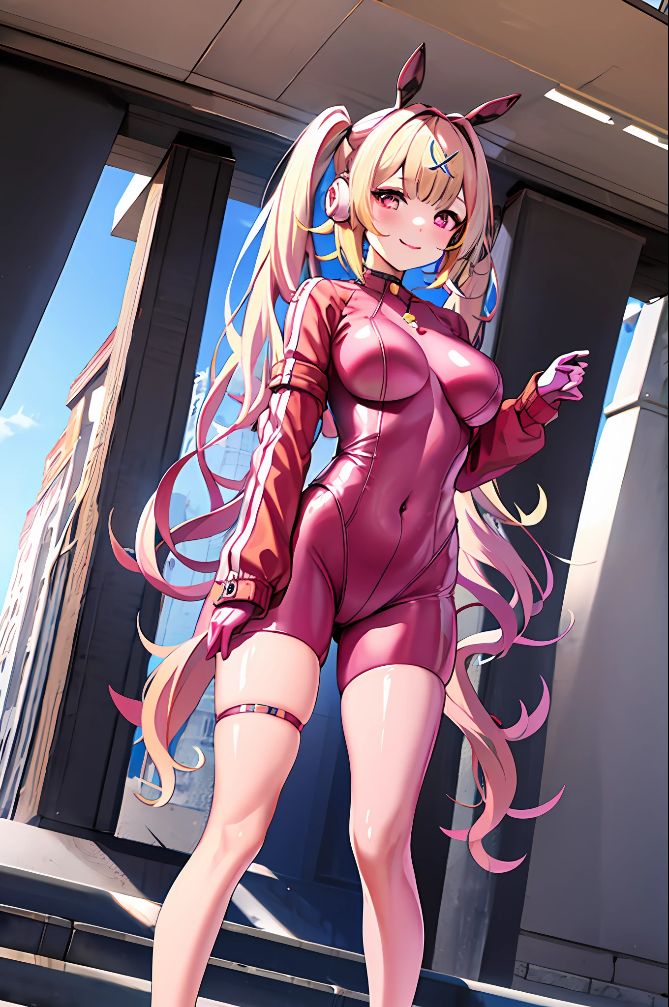masterpiece, top-quality, hight resolution, HS1, a blond、red eyes, yellow eyes, side poneyTail, X Hair Ornament, Thigh strap, Pink Bodysuit、animal ear、Fake animal ears、gloves、headphones、ear phone、 jaket、Pink latex bodysuit、Twin-tailed、white glove、 Virtual Girl - Aim、middlebreasts、Black Crystal Pendant、A smile、 FULL BODYSHOT、Perfect picture quality、Opening legs、Open your crotch、opens legs、red blush